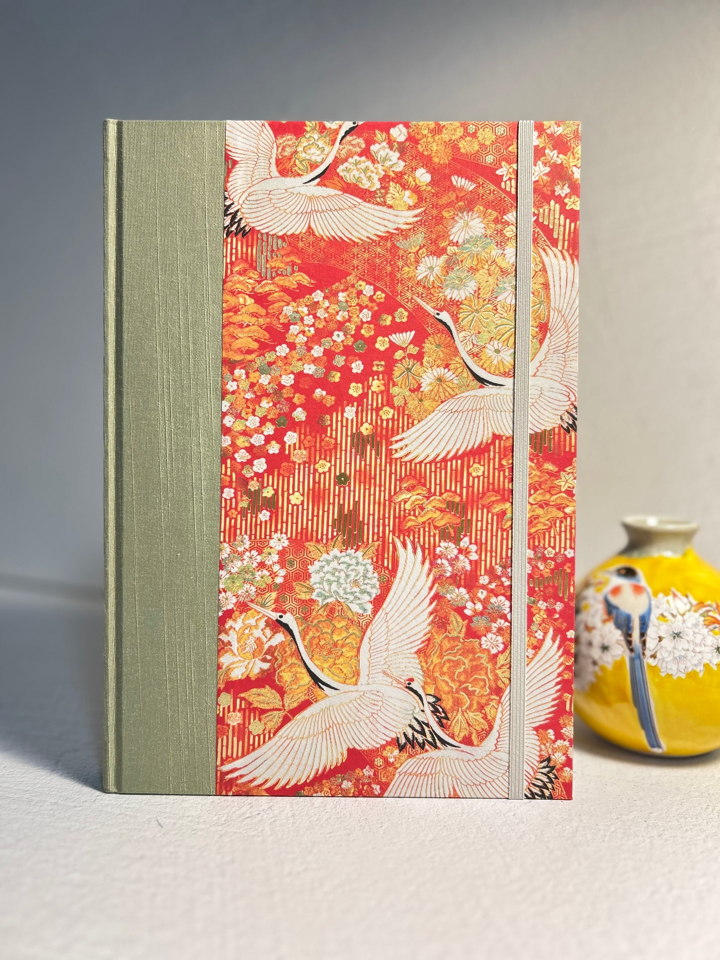 B5 Hardcover Notebook finished in White Cranes on Orange Italian Paper