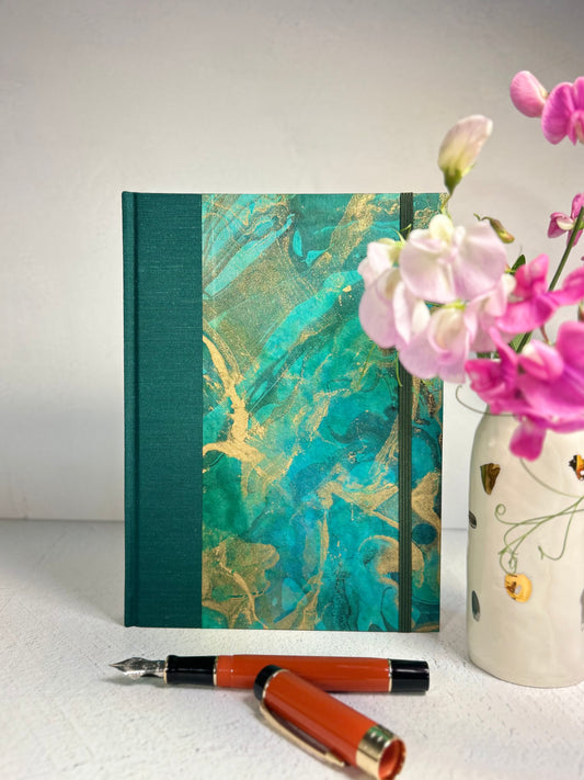 A5 Hardcover Notebook finished in Mohair Green Japanese Bookcloth and Hand Marbled Thai Momi Paper