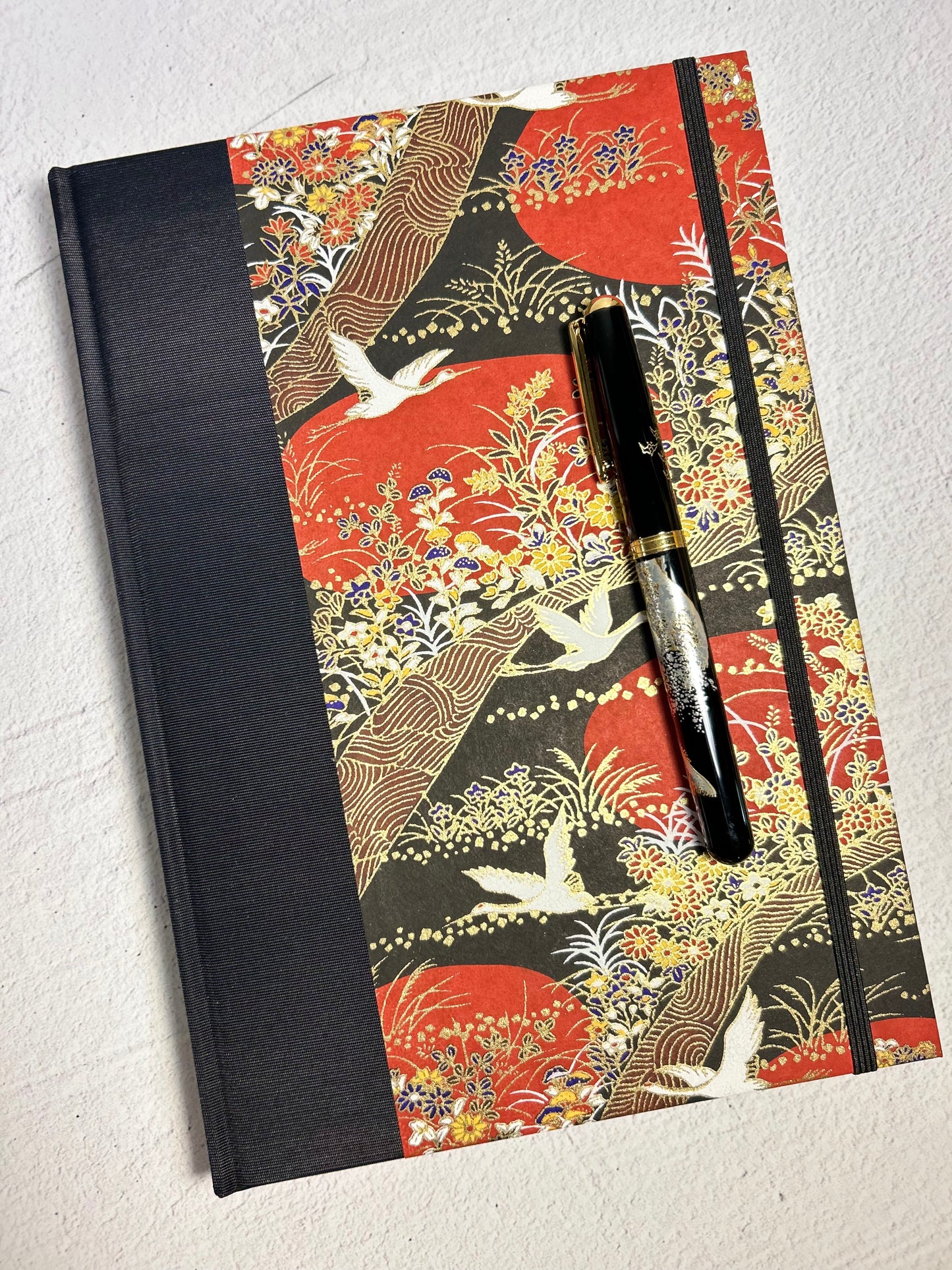 B5 Hardcover Notebook finished in Black Japanese Book cloth and Bronze and Gold Chiyogami Paper