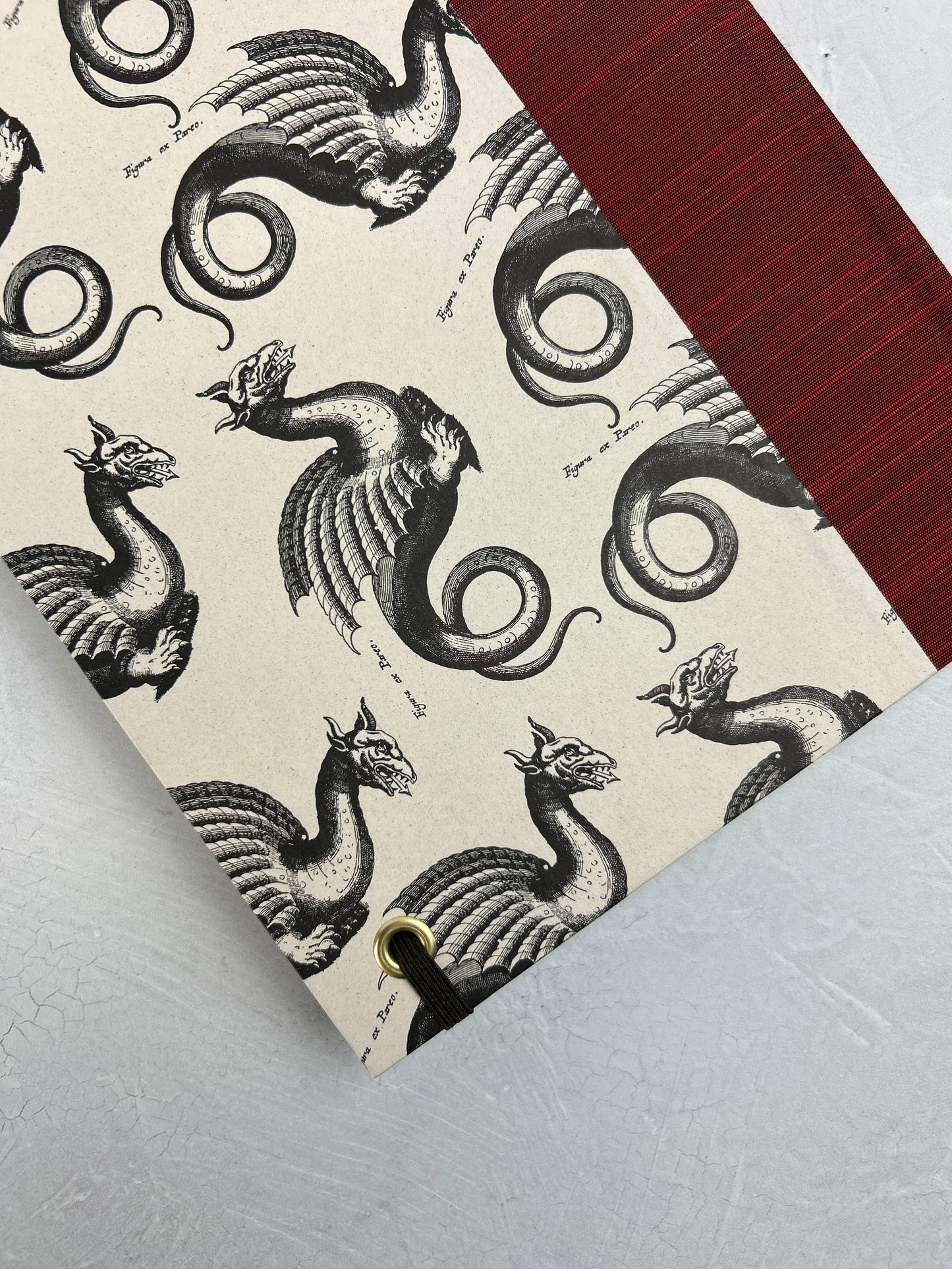 NEW A5 Hardcover Notebook finished in Blood Red Japanese book cloth and Italian Medieval Letterpress Dragons Paper
