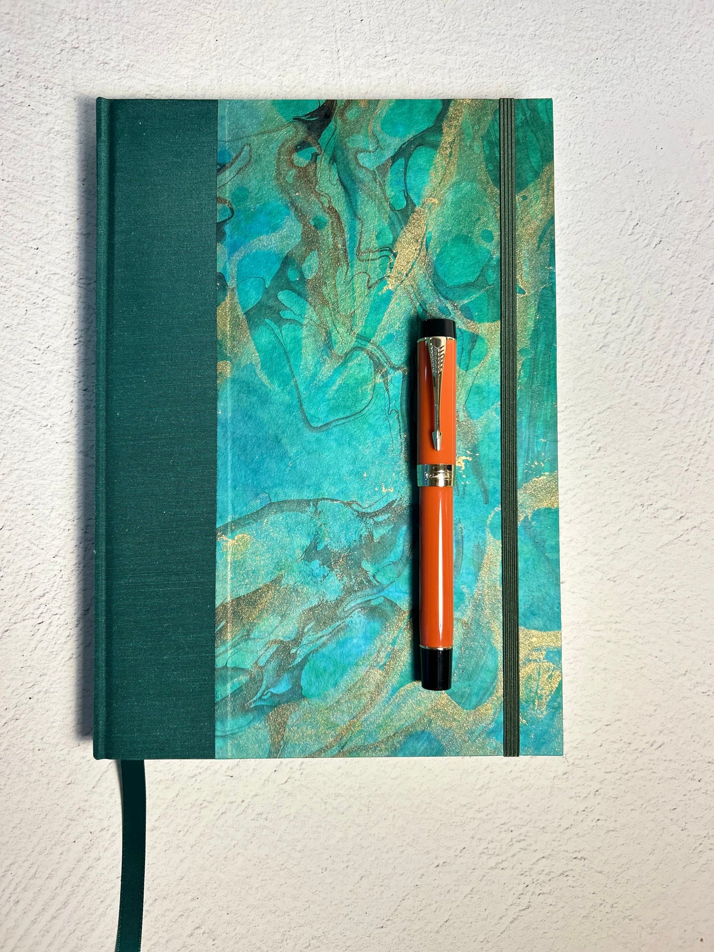 B5 Hardcover Notebook finished in Mohair Green Japanese Bookcloth and Hand Marbled Thai Momi Paper
