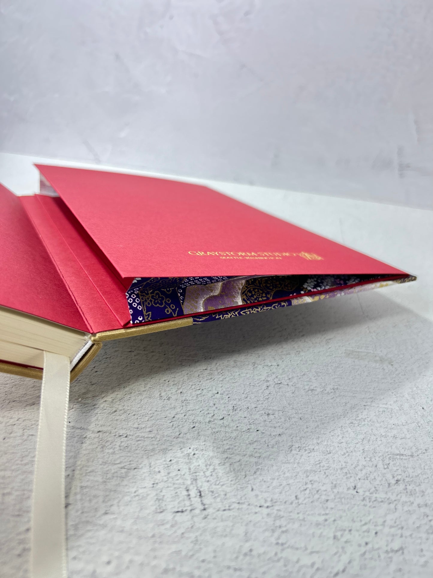 A5 Hardcover Notebook finished in Soft Gold Japanese book cloth and Imperial Purple and Gold Chiyogami