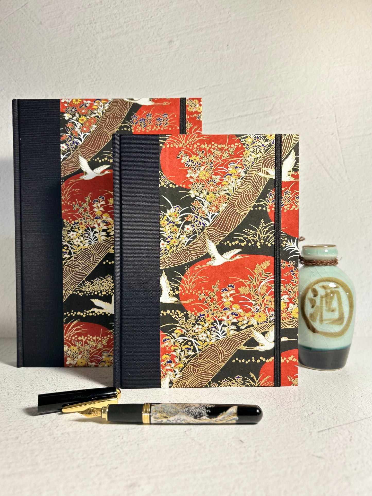 B5 Hardcover Notebook finished in Black Japanese Book cloth and Bronze and Gold Chiyogami Paper
