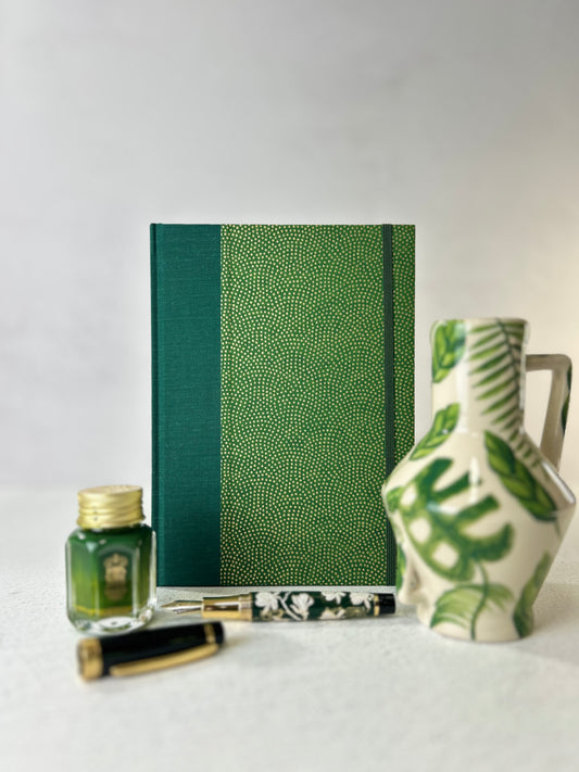 (PRE-ORDER NOVEMBER DELIVERY) A5 Hardcover Notebook with Golden Polka Dots on Green Chiyogami Paper