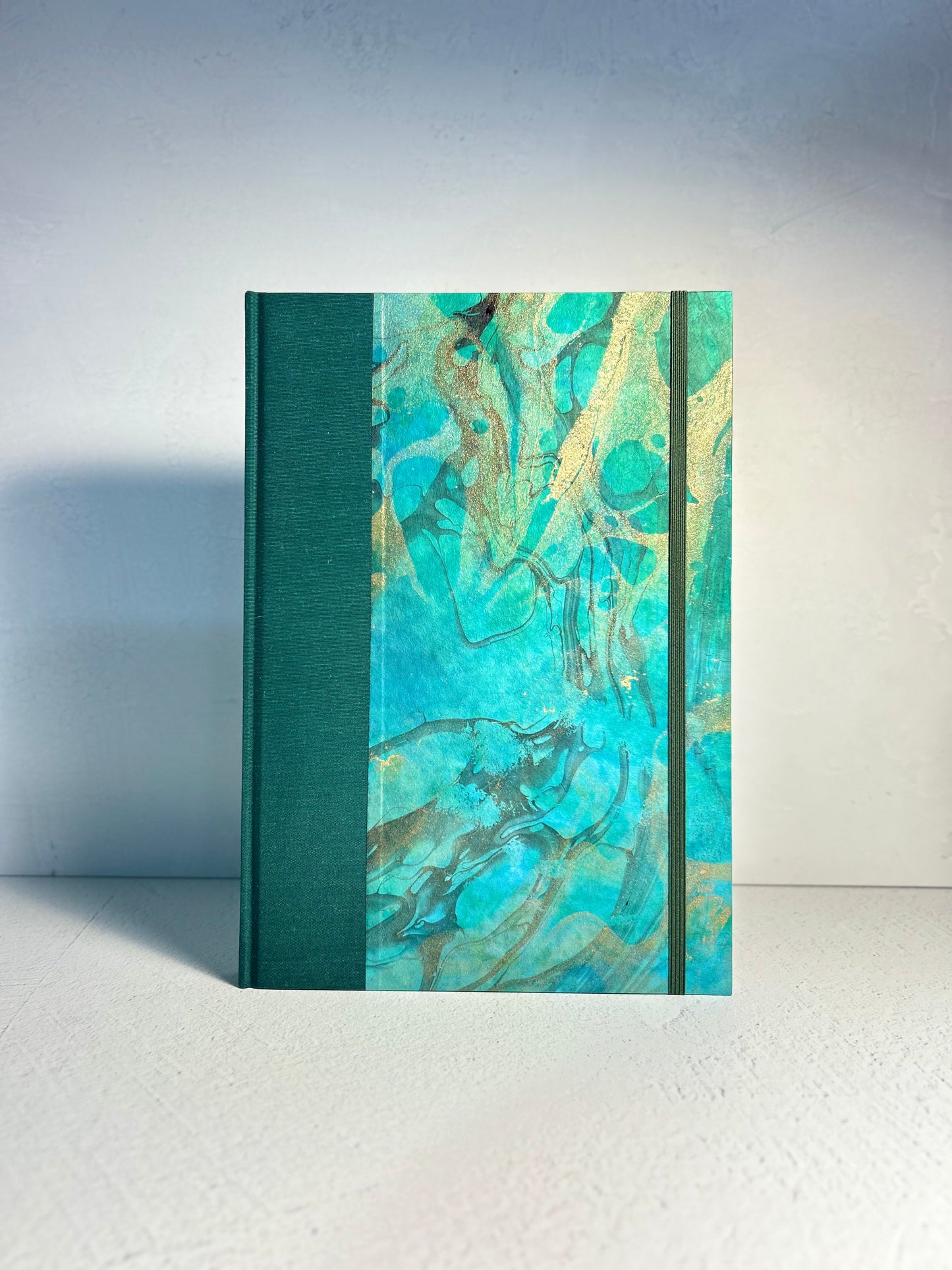 B5 Hardcover Notebook finished in Mohair Green Japanese Bookcloth and Hand Marbled Thai Momi Paper