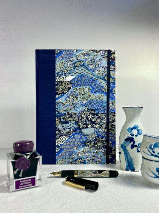 B5 Hardcover Notebook finished in Cadet Blue Japanese book cloth and vintage blue and purple Chiyogami decorative paper