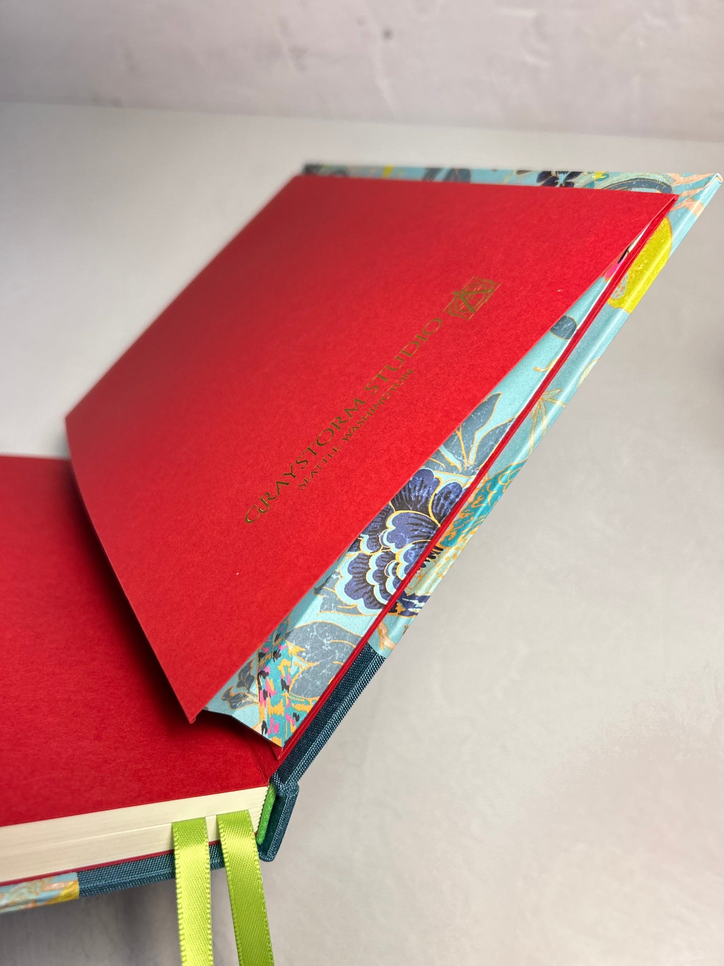 A5 Hardcover Notebook finished in Marine Blue Japanese book cloth and Matthew Williamson Magnolia print