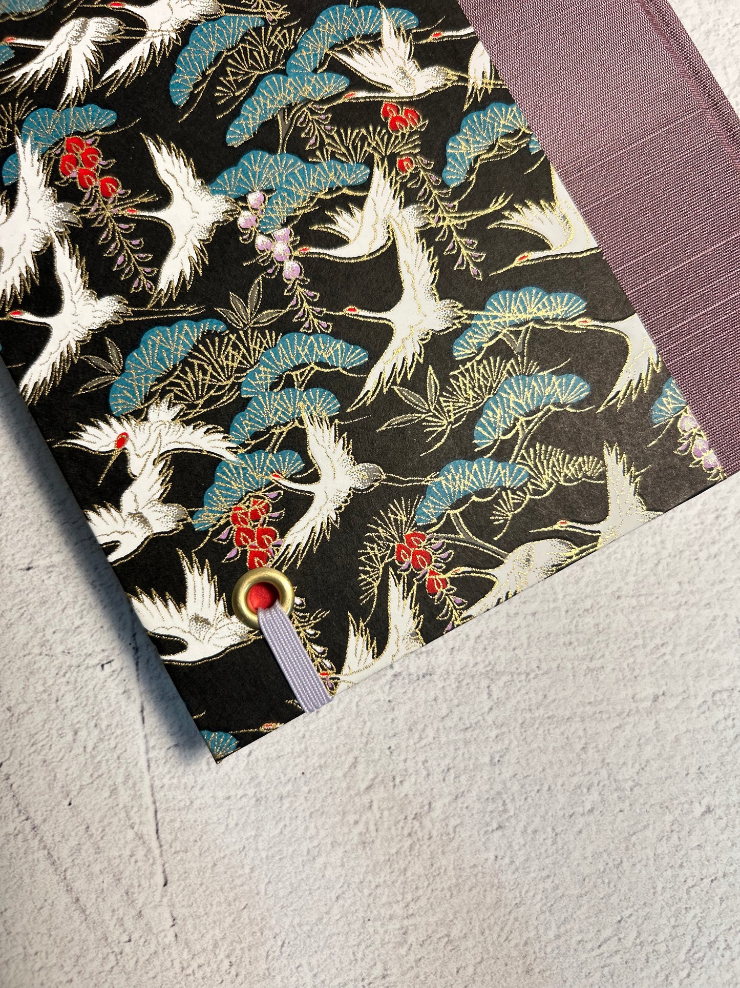 A5 Hardcover Notebook finished in White Cranes on Black Chiyogami Paper