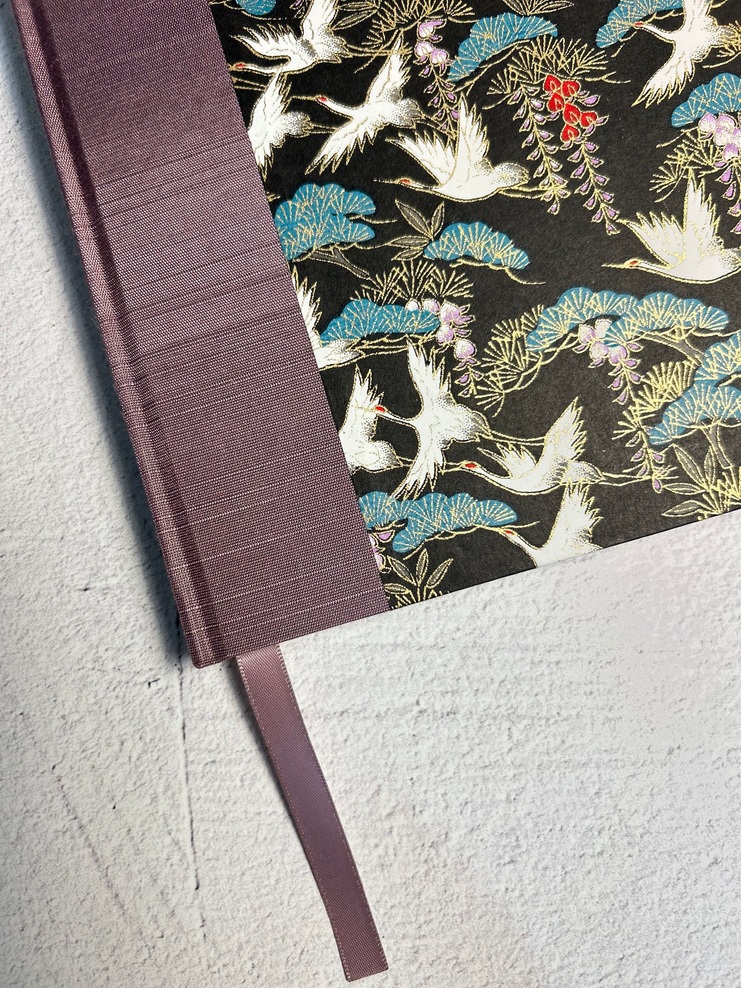 A5 Hardcover Notebook finished in White Cranes on Black Chiyogami Paper