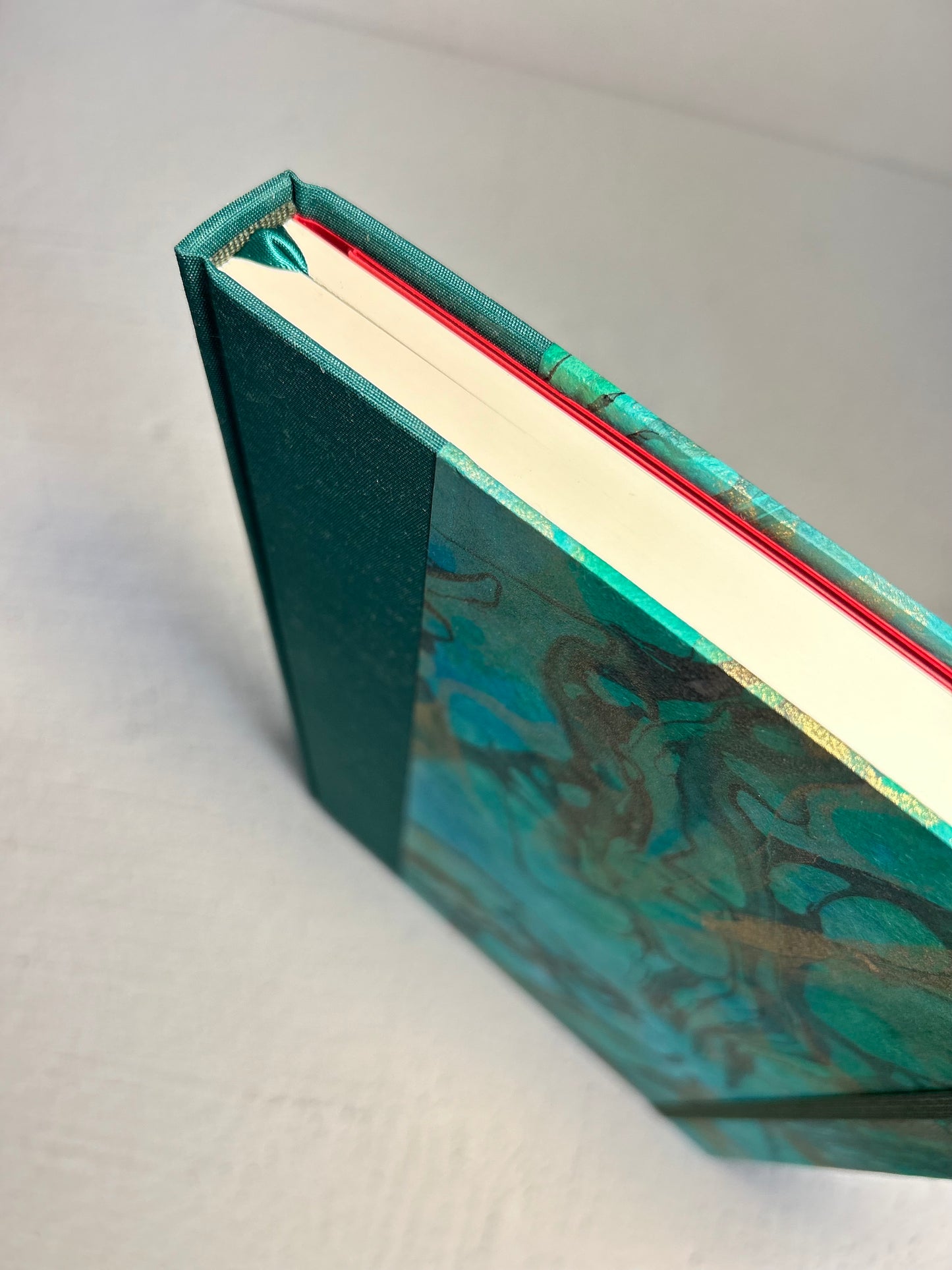 B5 Hardcover Notebook finished in Mohair Green Japanese Bookcloth and Hand Marbled Thai Momi Paper