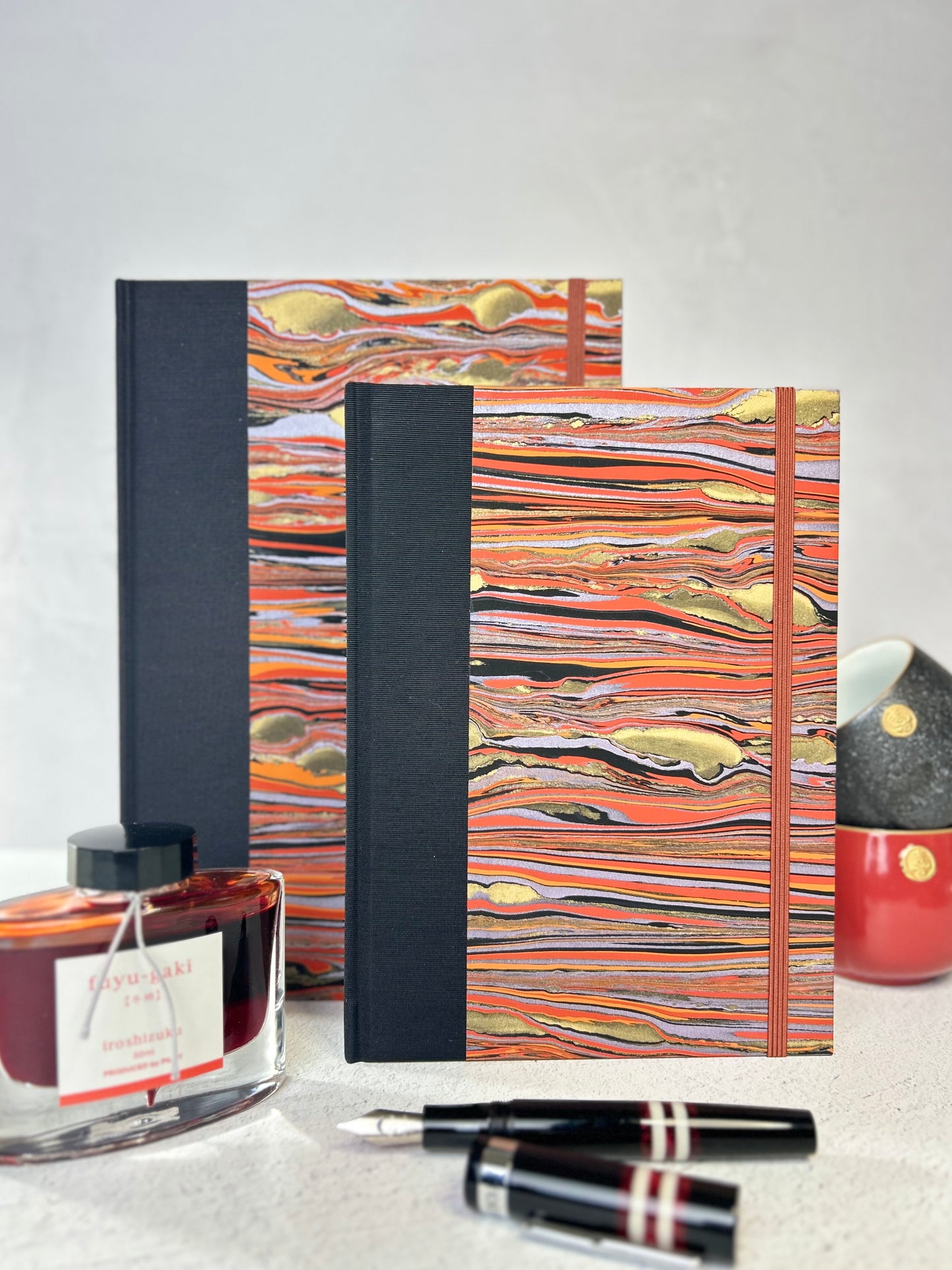 A5 Hardcover Notebook finished in Black Japanese book cloth and Renato Crepaldi hand marbled paper