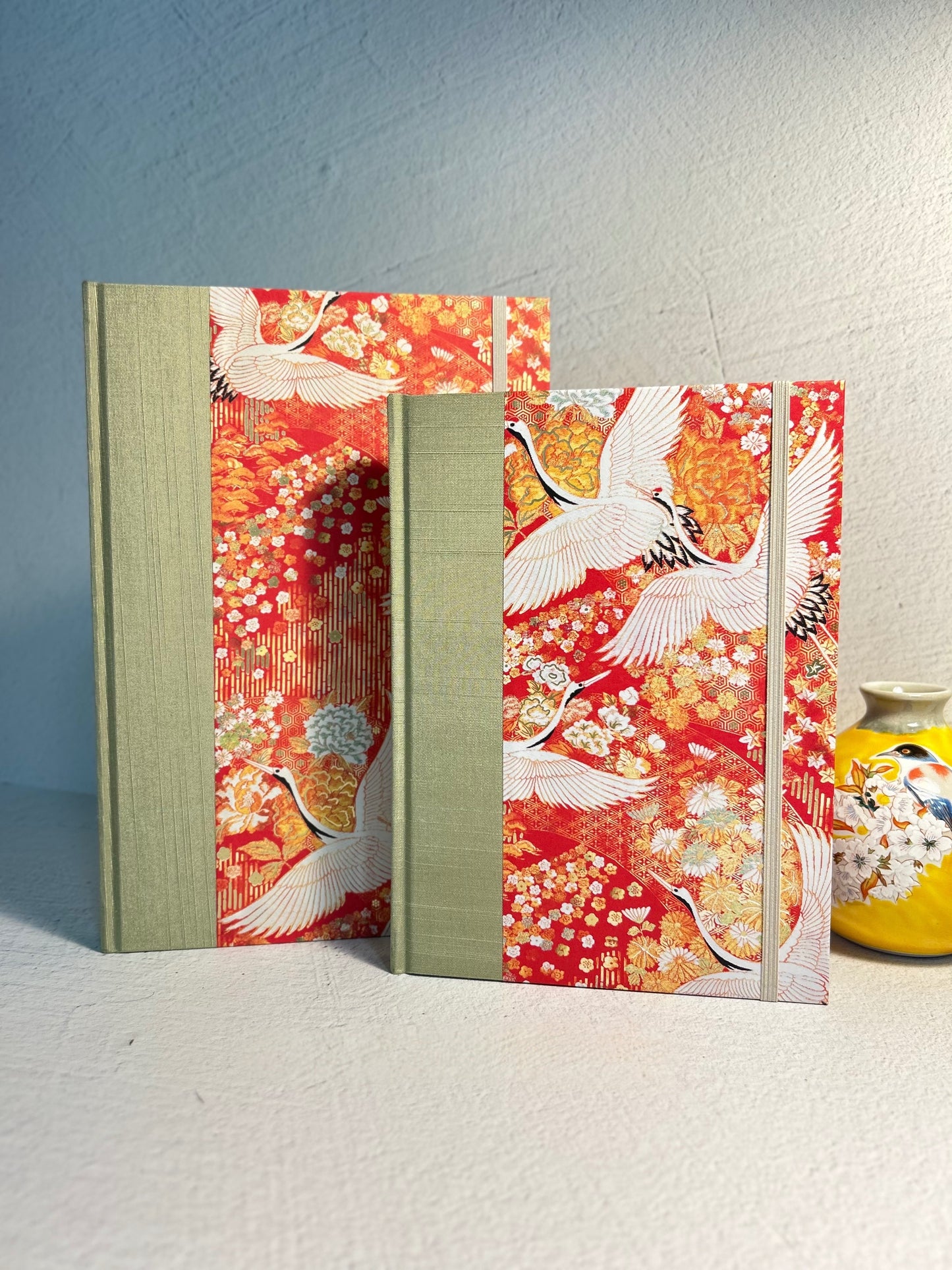 A5 Hardcover Notebook finished in White Cranes on Orange Paper