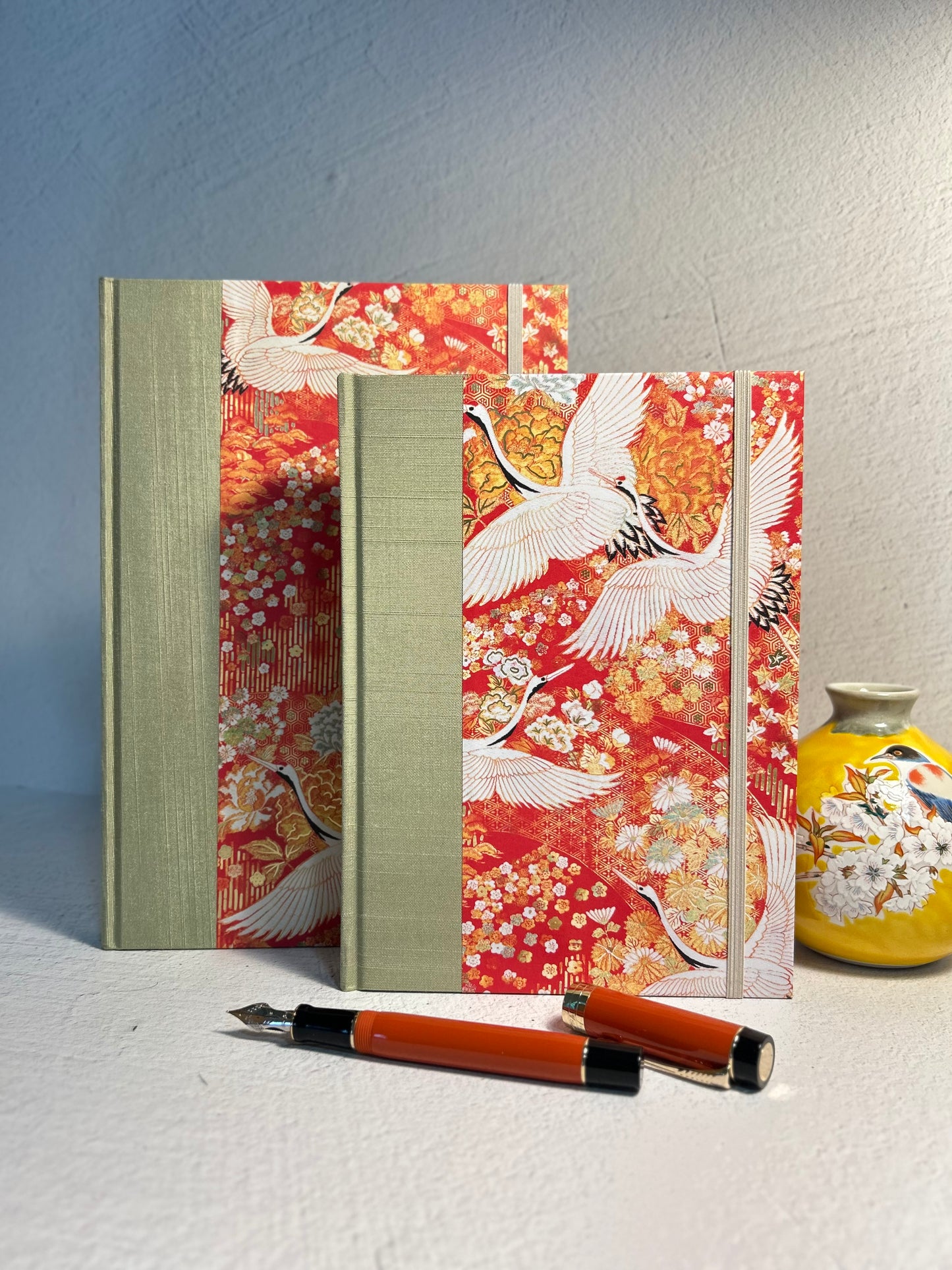 A5 Hardcover Notebook finished in White Cranes on Orange Paper