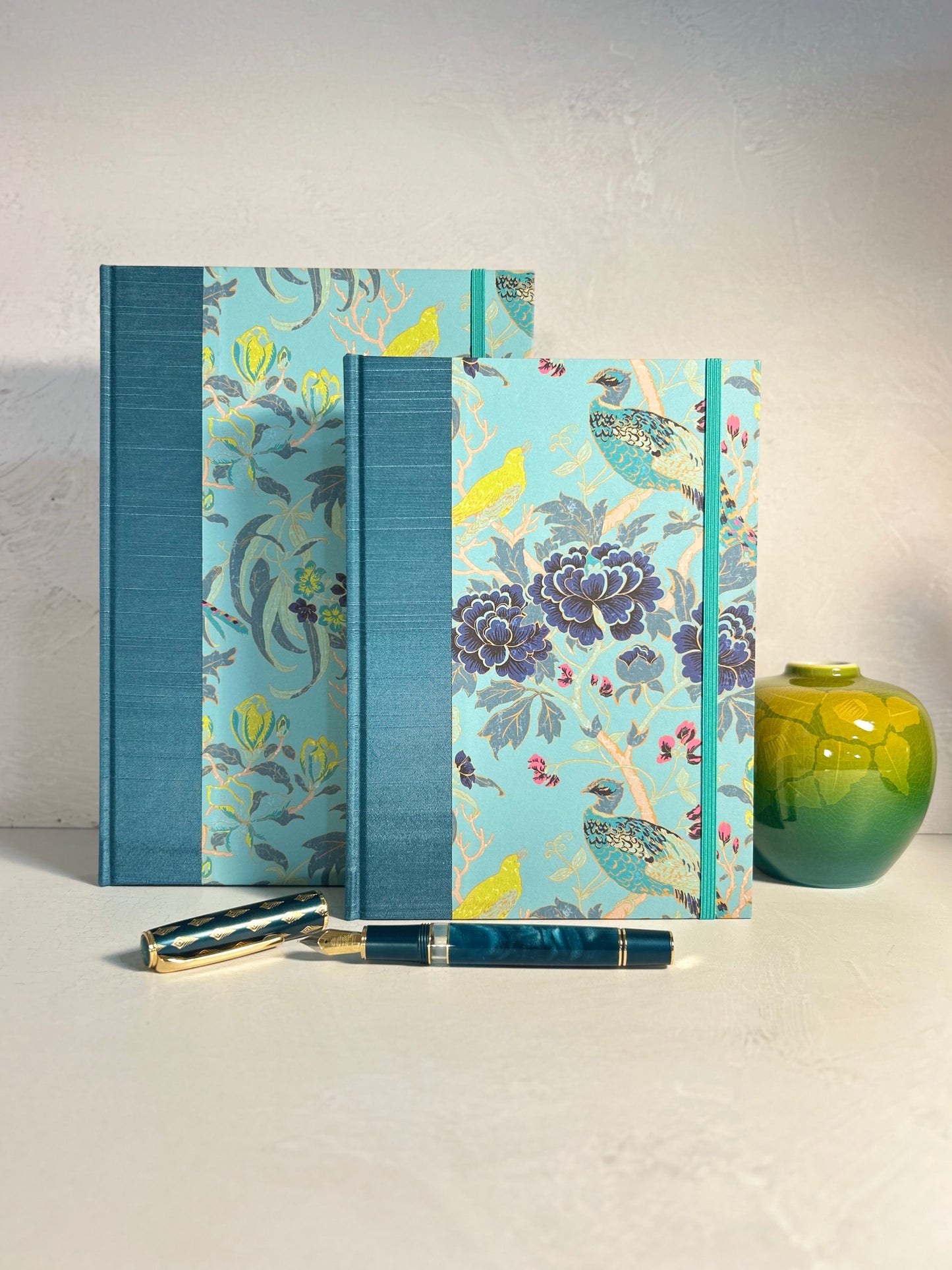 B5 Hardcover Notebook finished in Marine Blue Japanese book cloth and Matthew Williamson Magnolia print