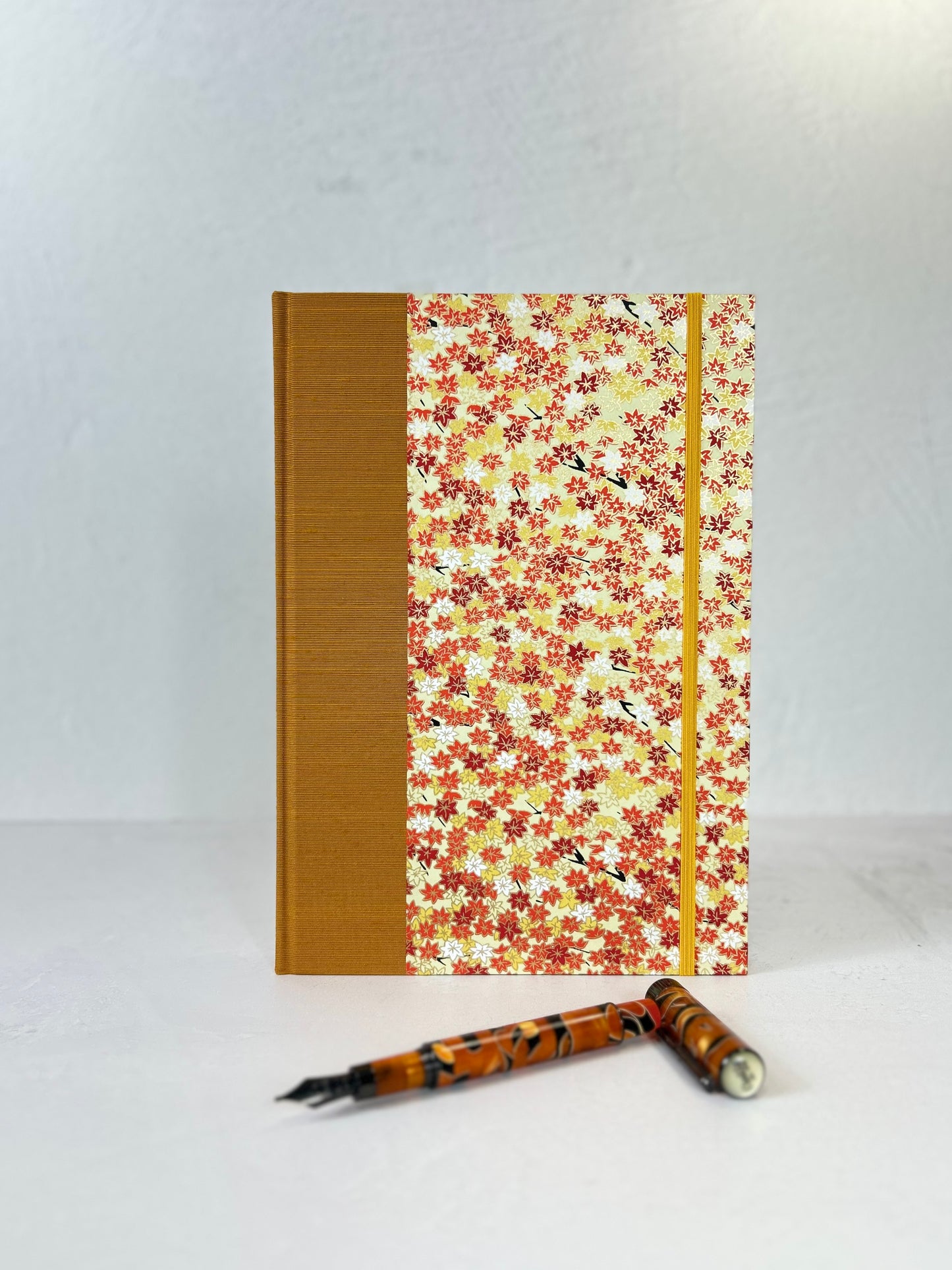 NEW B5 Hardcover Notebook finished in Ochre Japanese book cloth and Fall leaves Chiyogami Paper