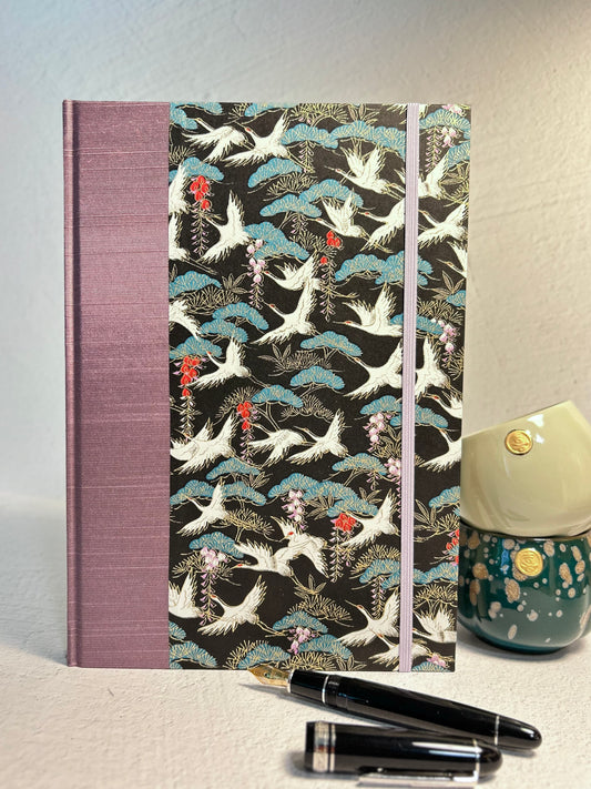 B5 Hardcover Notebook finished in White Cranes on Black Chiyogami Paper