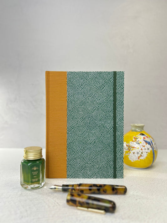 A5 Hardcover Notebook finished in White Polka Dots on Green Chiyogami Paper