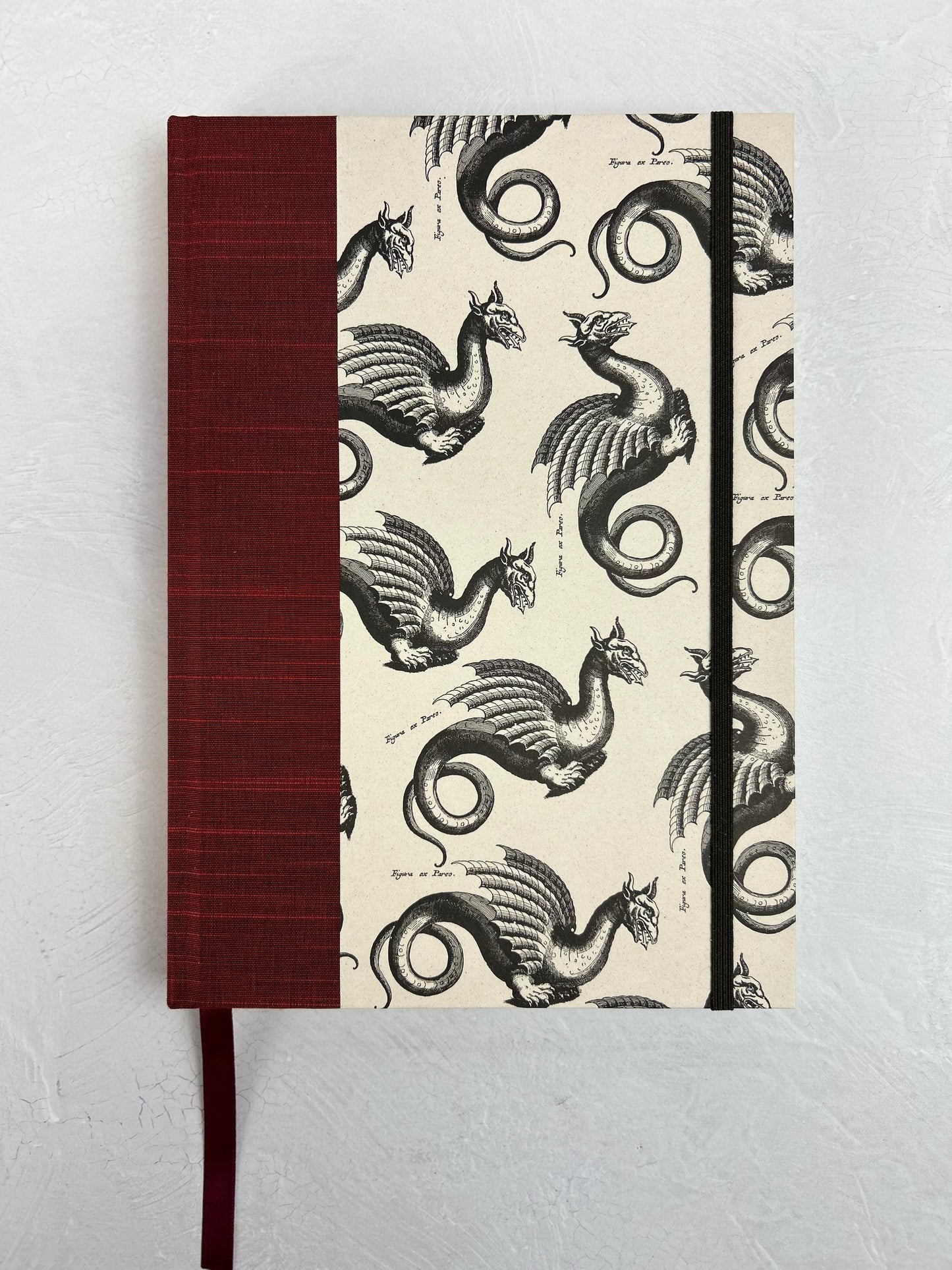 NEW A5 Hardcover Notebook finished in Blood Red Japanese book cloth and Italian Medieval Letterpress Dragons Paper