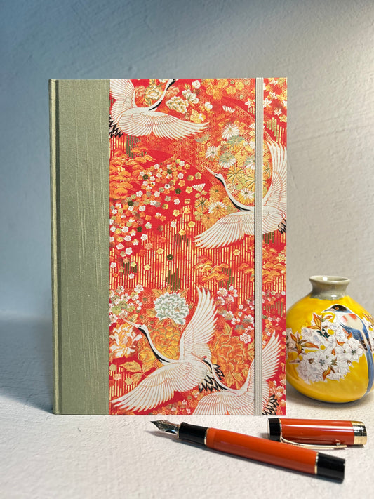 B5 Hardcover Notebook finished in White Cranes on Orange Italian Paper