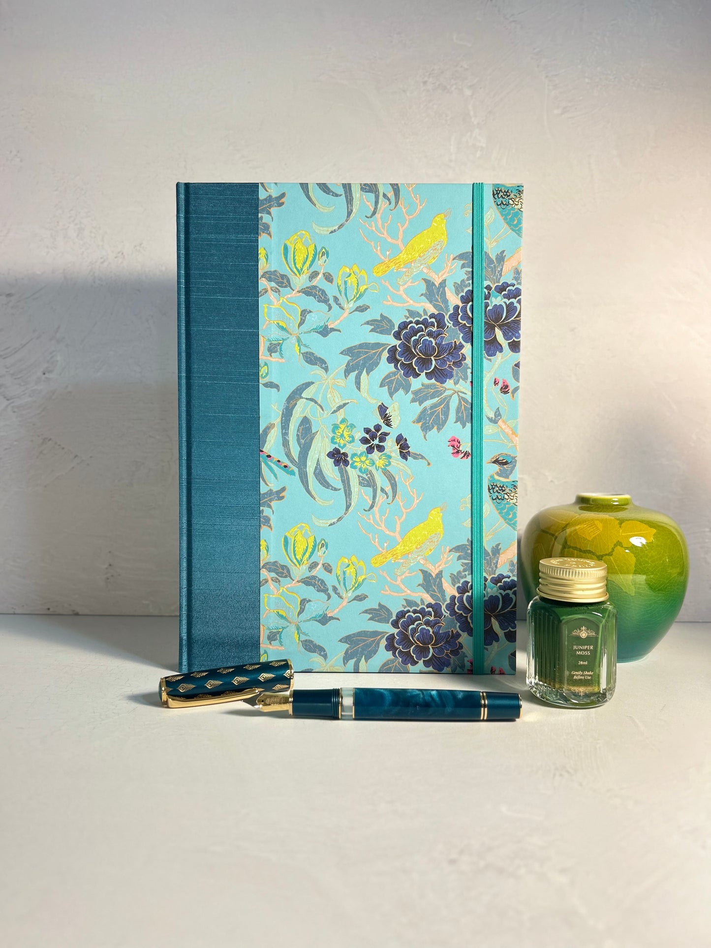 B5 Hardcover Notebook finished in Marine Blue Japanese book cloth and Matthew Williamson Magnolia print