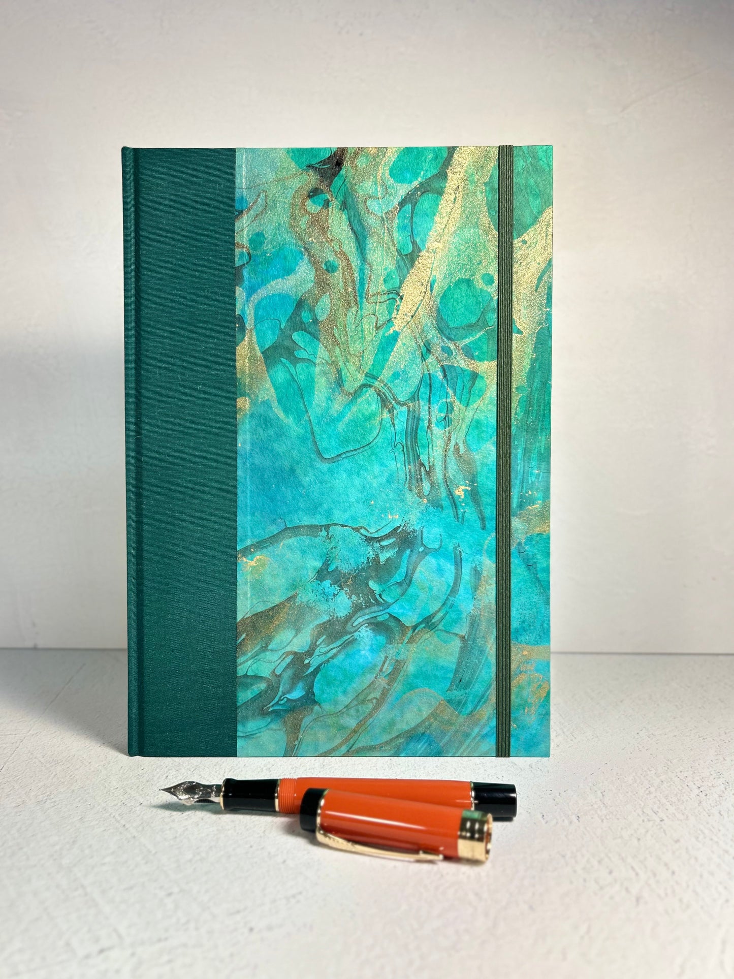 B5 Hardcover Notebook finished in Mohair Green Japanese Bookcloth and Hand Marbled Thai Momi Paper