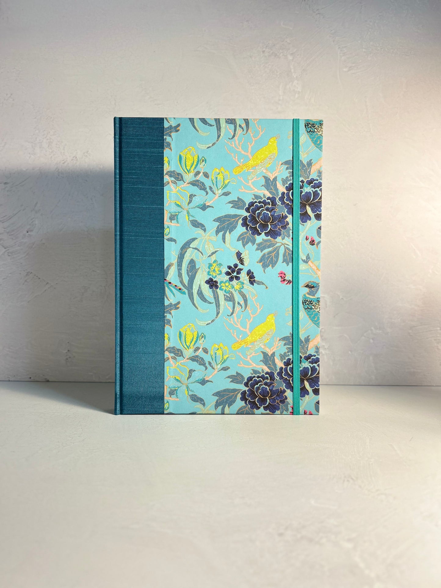 B5 Hardcover Notebook finished in Marine Blue Japanese book cloth and Matthew Williamson Magnolia print