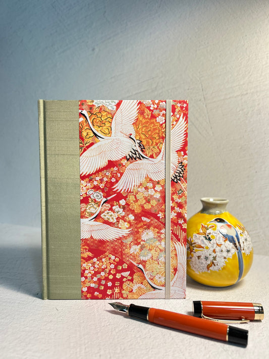 A5 Hardcover Notebook finished in White Cranes on Orange Paper