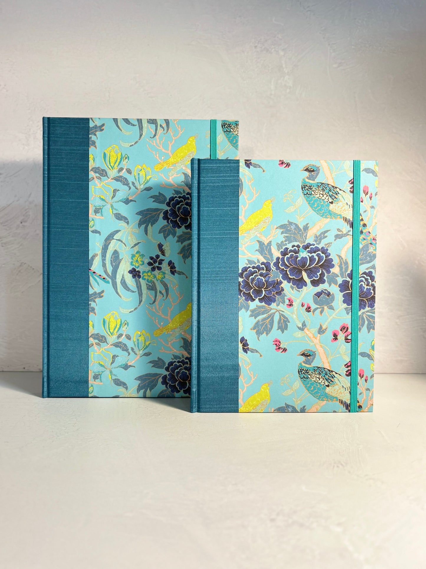 B5 Hardcover Notebook finished in Marine Blue Japanese book cloth and Matthew Williamson Magnolia print