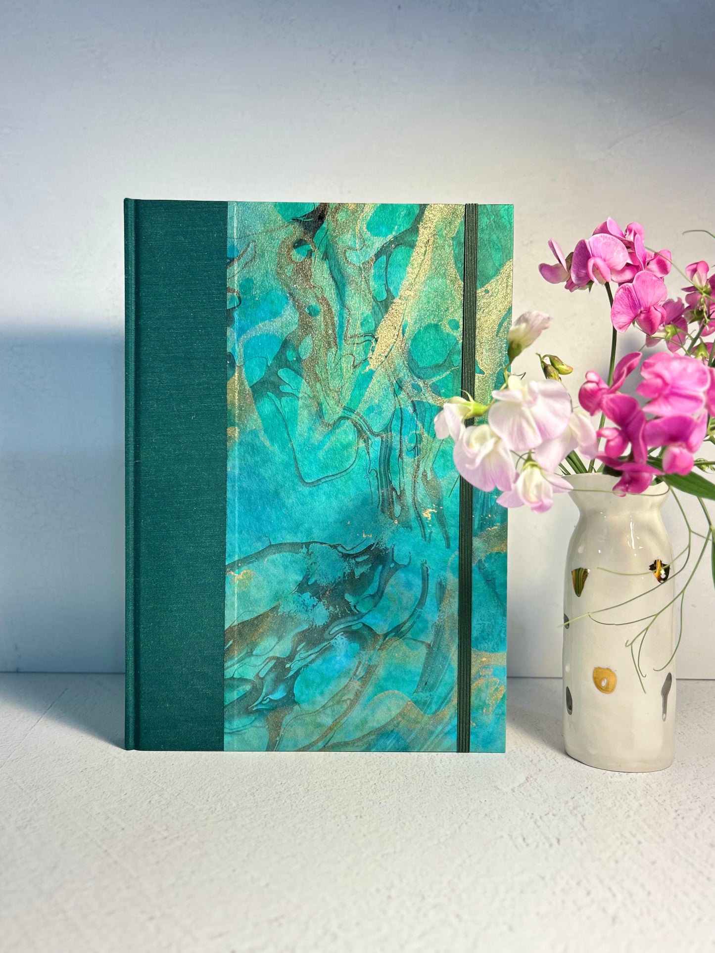 B5 Hardcover Notebook finished in Mohair Green Japanese Bookcloth and Hand Marbled Thai Momi Paper