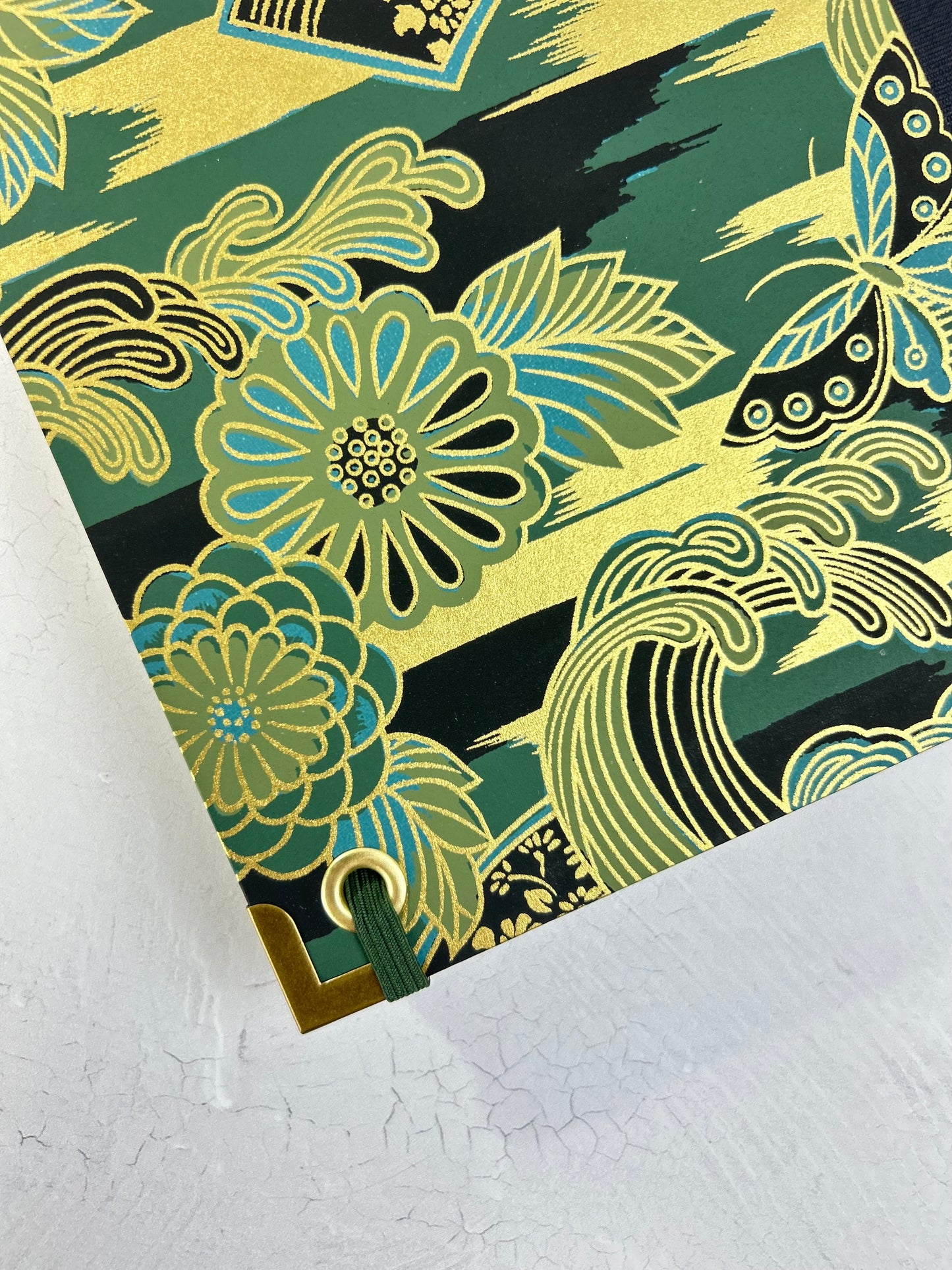 A5 Hardcover Notebook finished in Black Japanese book cloth and bold botanical Chiyogami Paper