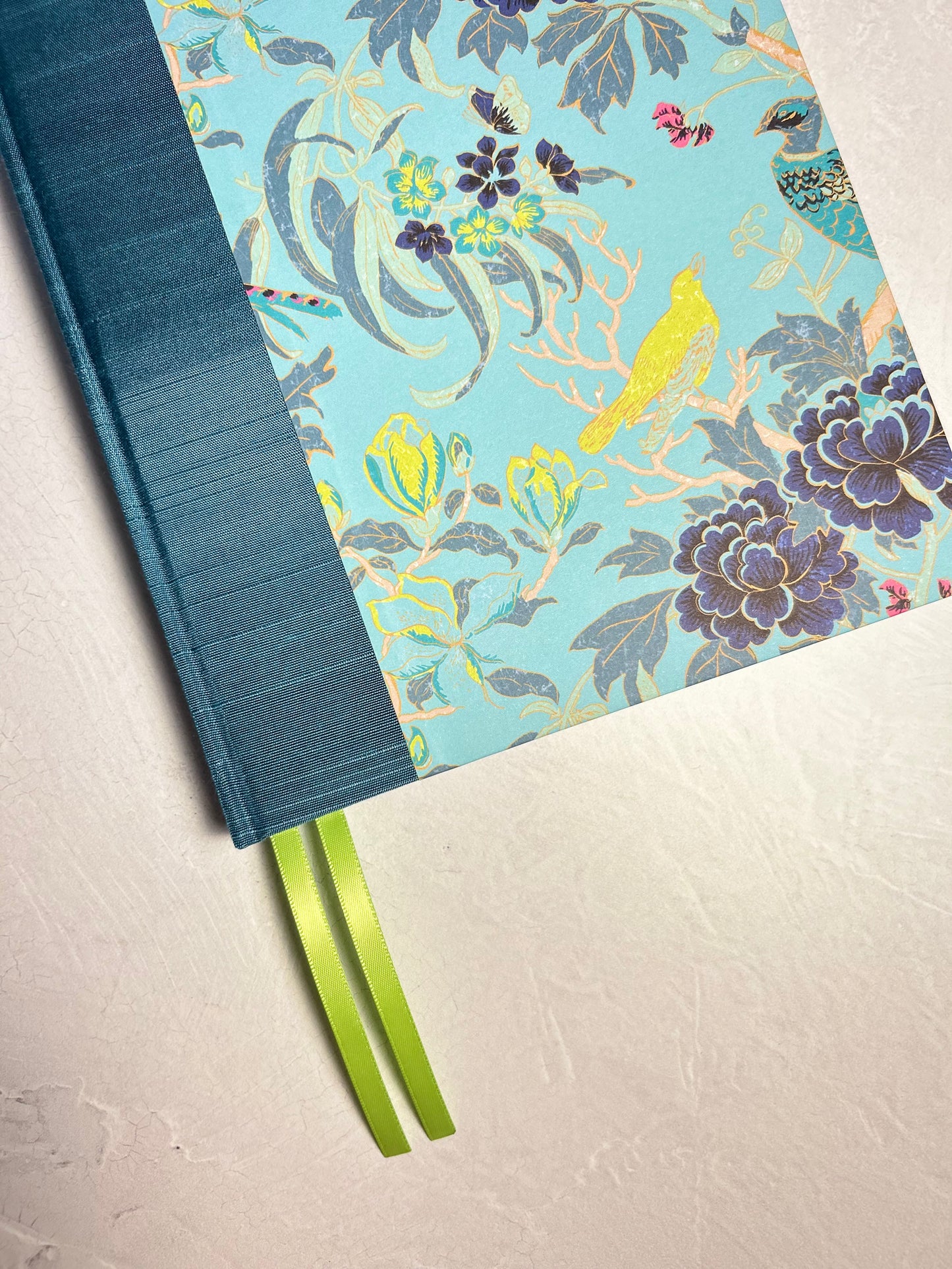 B5 Hardcover Notebook finished in Marine Blue Japanese book cloth and Matthew Williamson Magnolia print