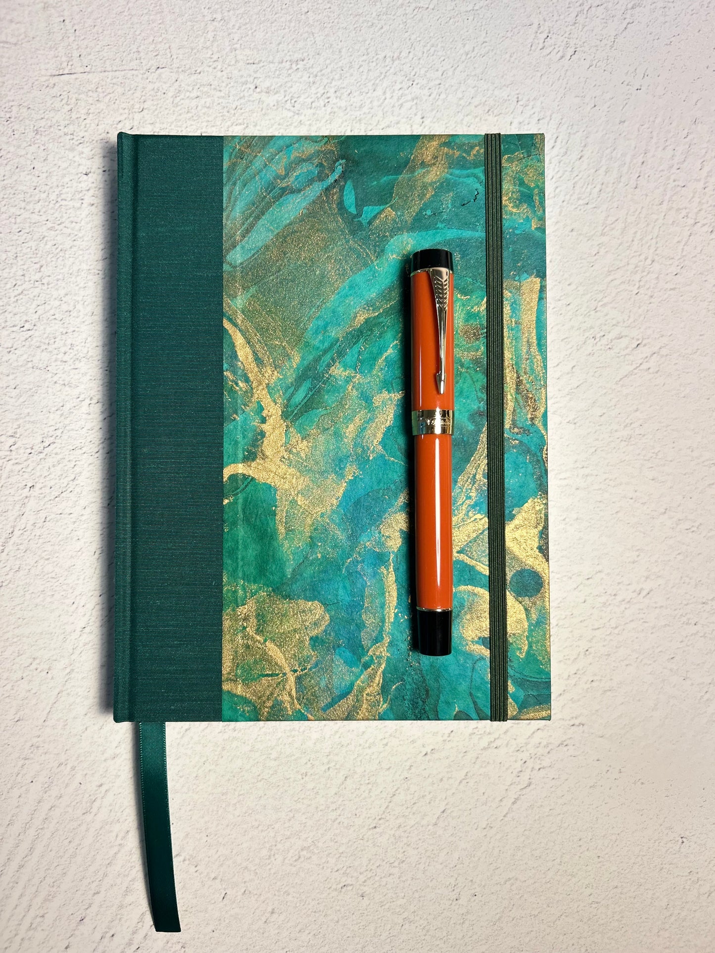 A5 Hardcover Notebook finished in Mohair Green Japanese Bookcloth and Hand Marbled Thai Momi Paper