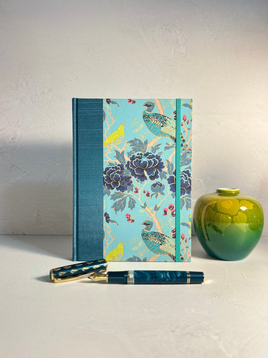 A5 Hardcover Notebook finished in Marine Blue Japanese book cloth and Matthew Williamson Magnolia print