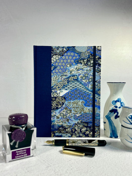 A5 Hardcover Notebook finished in Cadet Blue Japanese book cloth and vintage blue and purple Chiyogami decorative paper