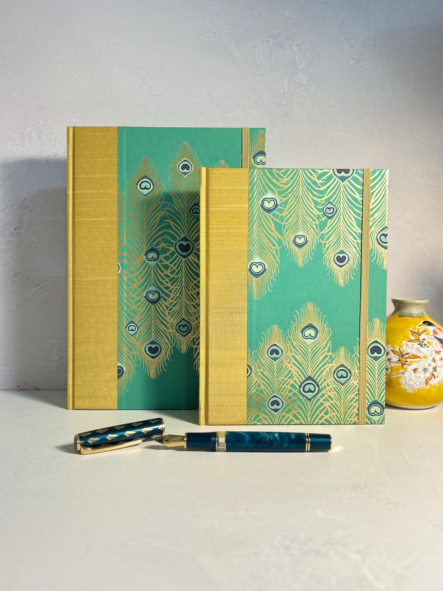 A5 Hardcover Notebook finished in Yellow Gold Japanese Book cloth and Matthew Williamson Peacock print