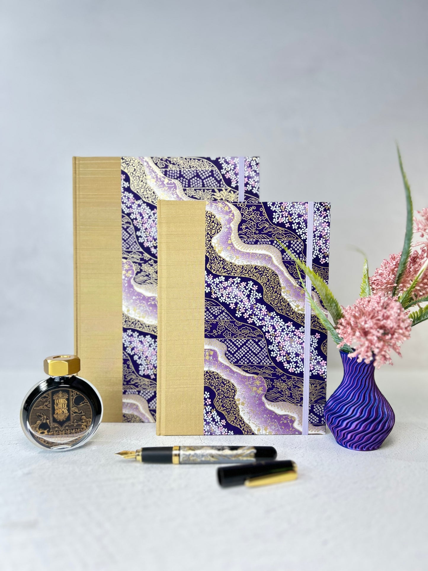 A5 Hardcover Notebook finished in Soft Gold Japanese book cloth and Imperial Purple and Gold Chiyogami