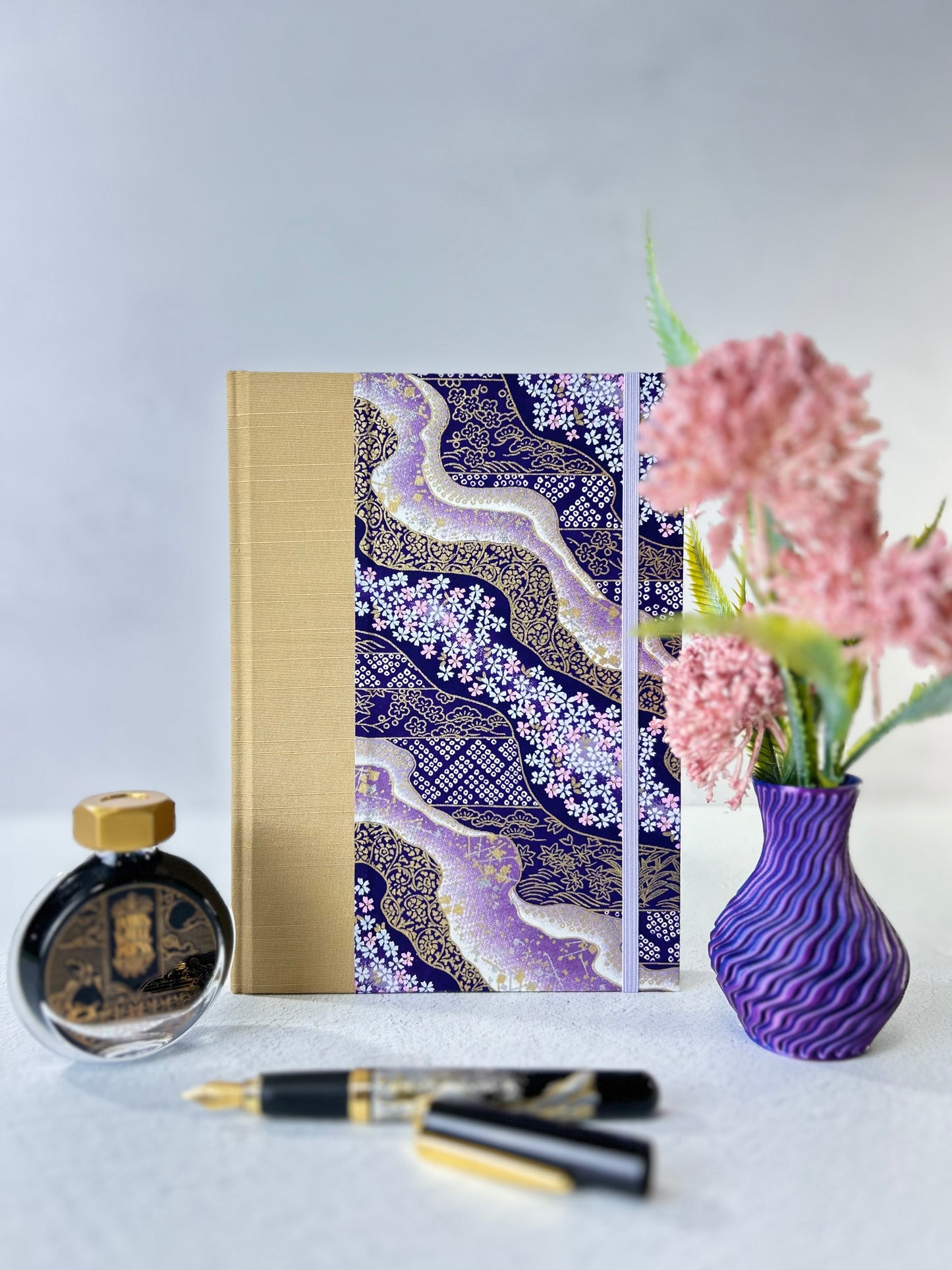 A5 Hardcover Notebook finished in Soft Gold Japanese book cloth and Imperial Purple and Gold Chiyogami