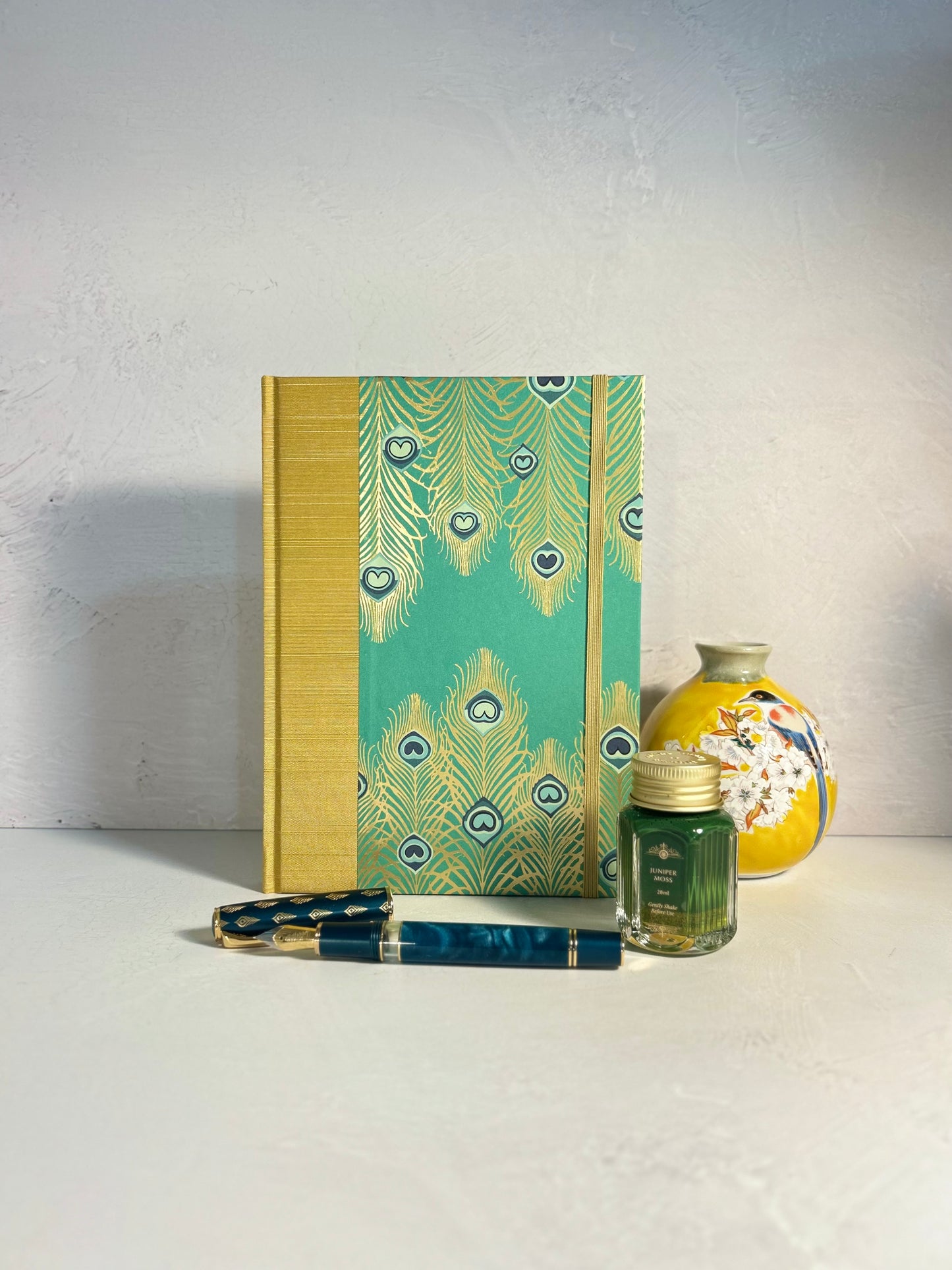 A5 Hardcover Notebook finished in Yellow Gold Japanese Book cloth and Matthew Williamson Peacock print