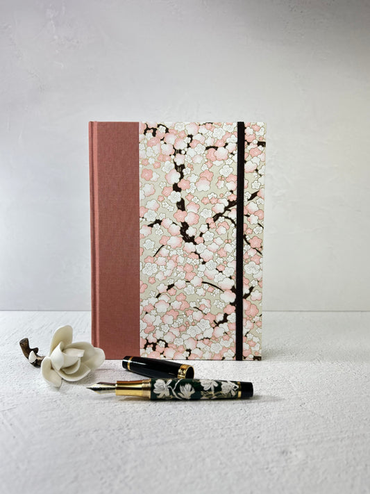 A5 160-Page Hardcover Notebook finished Pink and White Cherry Blossoms Chiyogami Japanese Paper