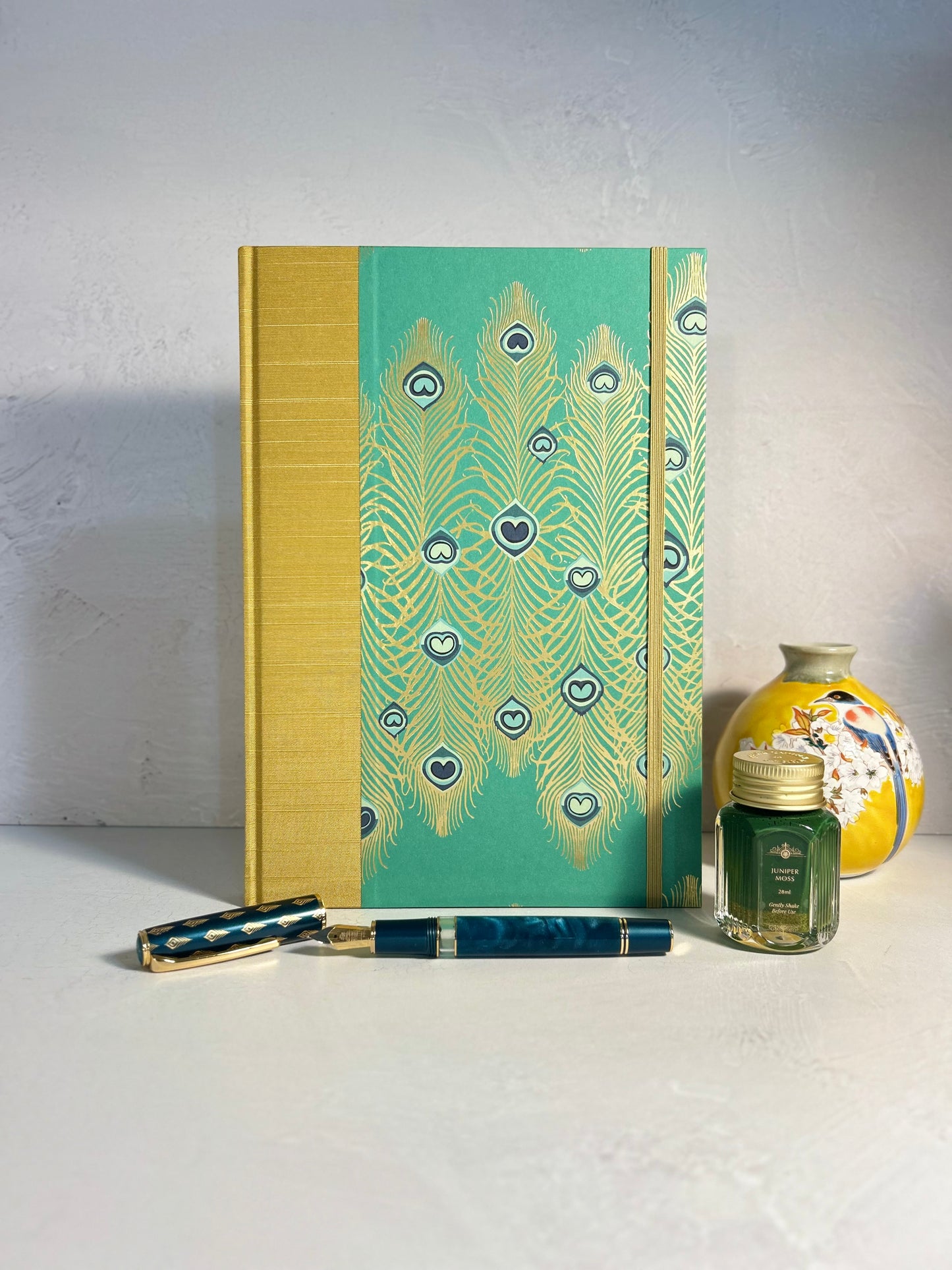 B5 Hardcover Notebook finished in Yellow Gold Japanese Book cloth and Matthew Williamson Peacock print