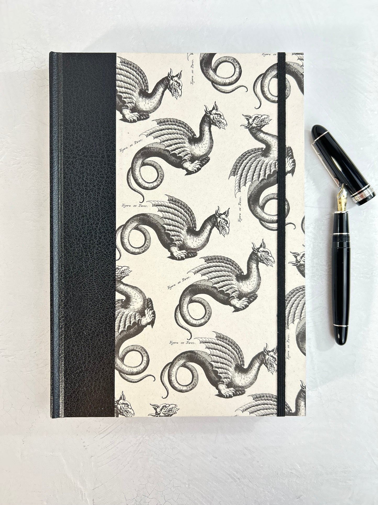 B5 192-page Hardcover Journal finished in Black Vaux Leather and Italian Letterpress dragon design