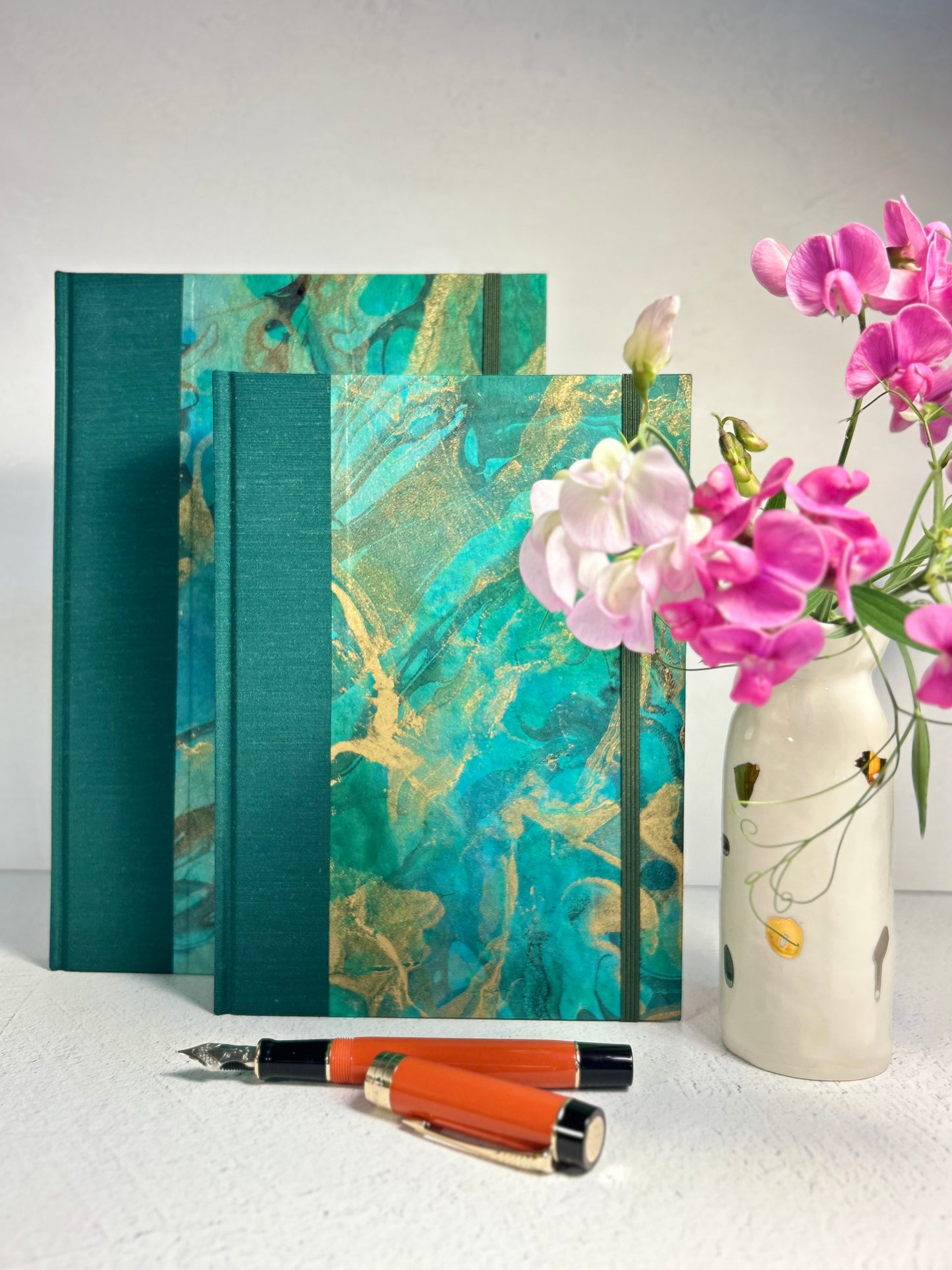 A5 Hardcover Notebook finished in Mohair Green Japanese Bookcloth and Hand Marbled Thai Momi Paper
