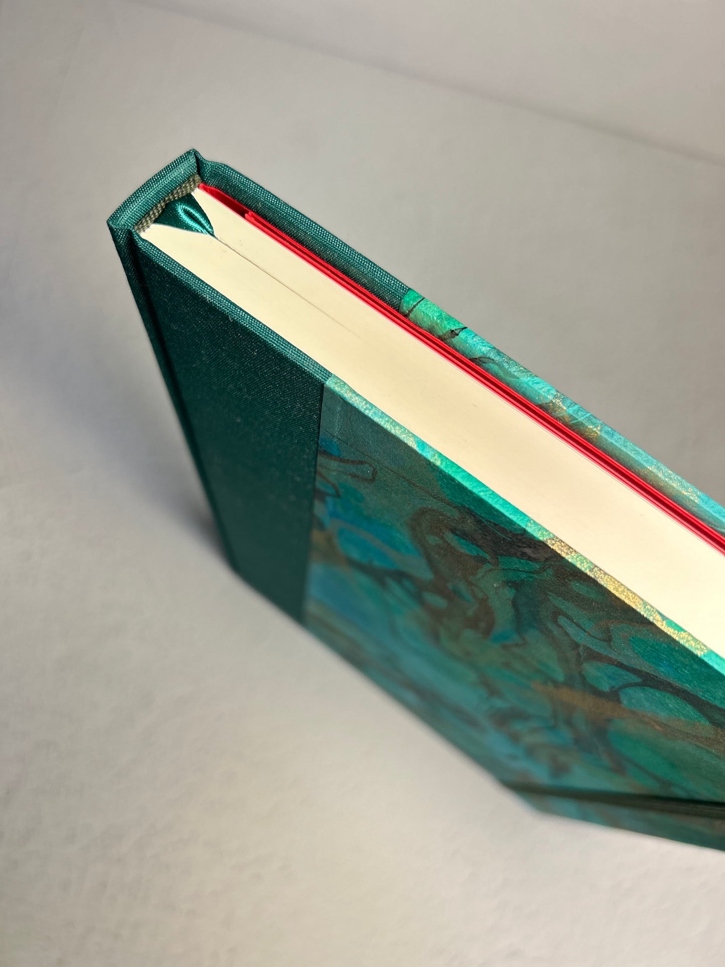 A5 Hardcover Notebook finished in Mohair Green Japanese Bookcloth and Hand Marbled Thai Momi Paper