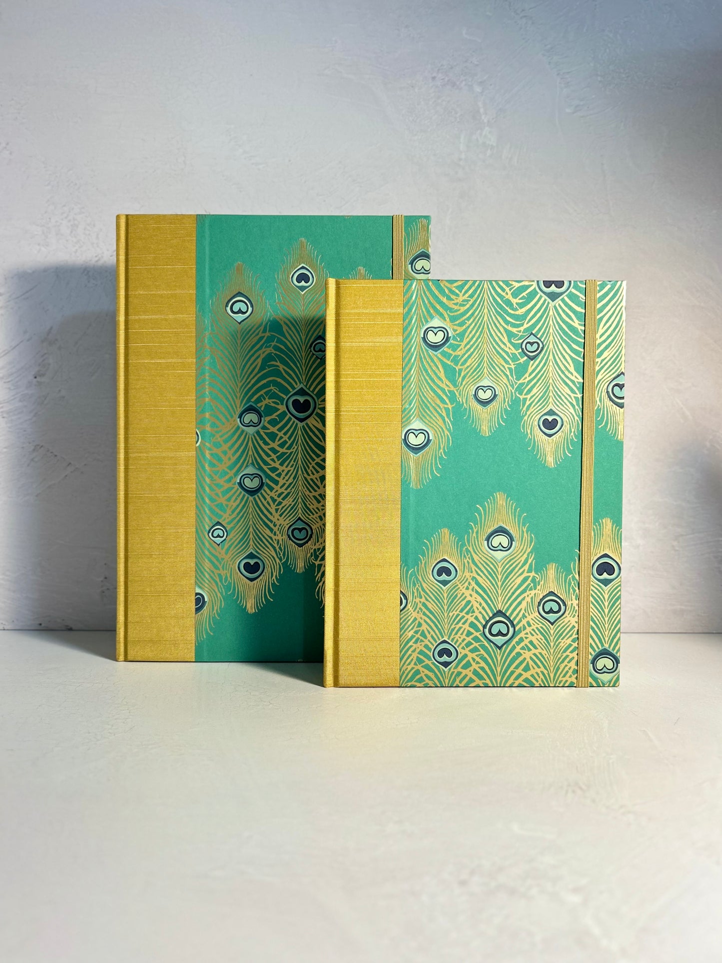 A5 Hardcover Notebook finished in Yellow Gold Japanese Book cloth and Matthew Williamson Peacock print