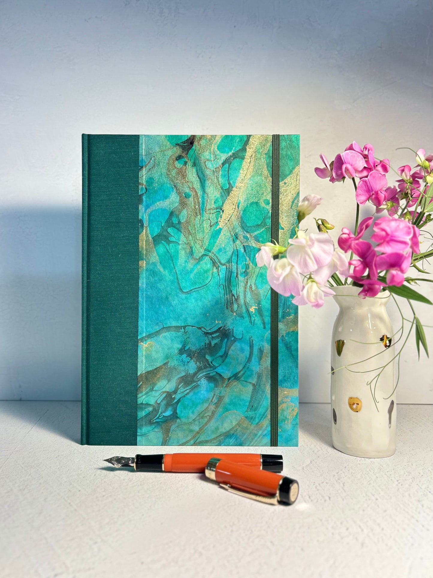 B5 Hardcover Notebook finished in Mohair Green Japanese Bookcloth and Hand Marbled Thai Momi Paper