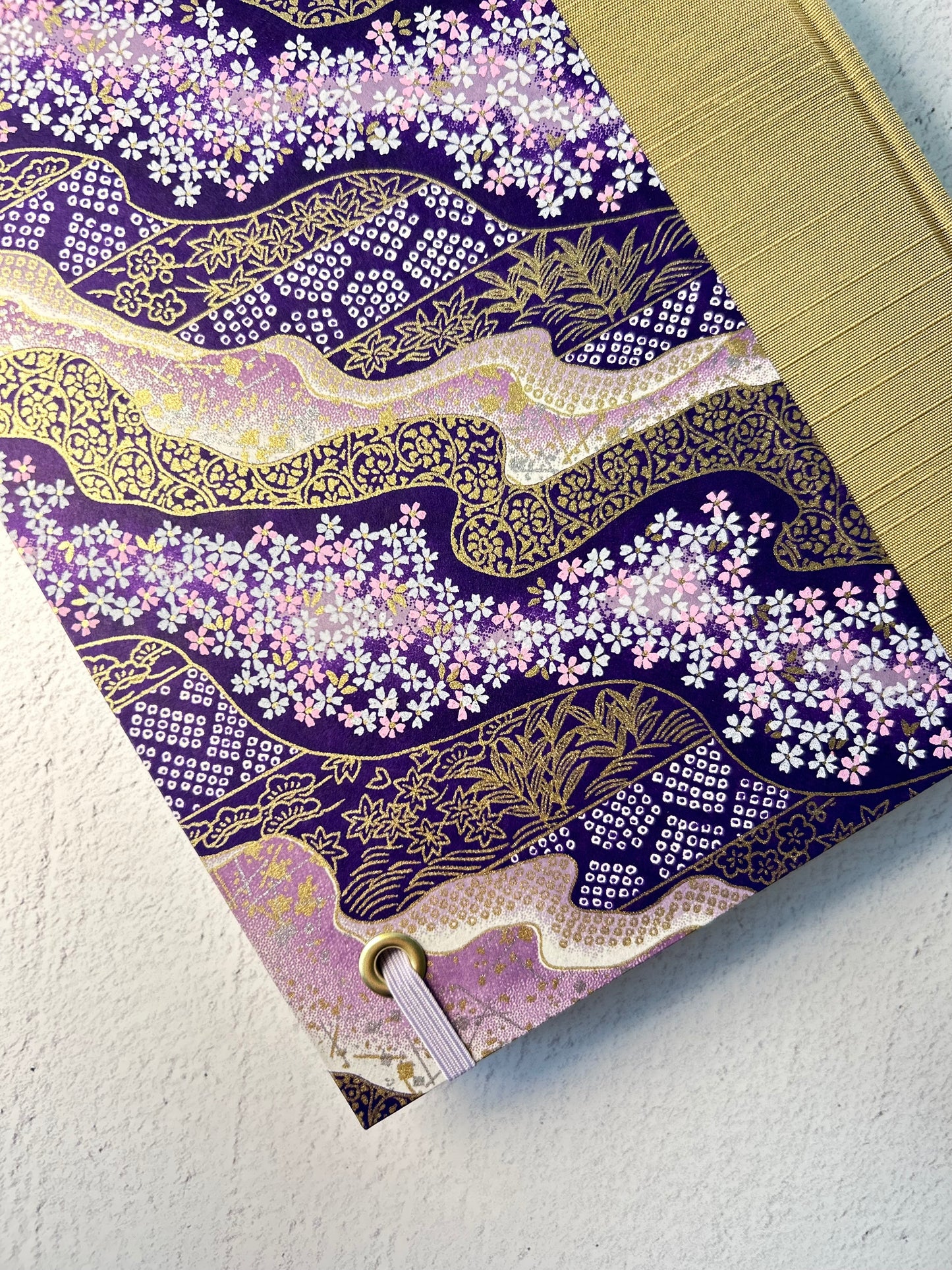 A5 Hardcover Notebook finished in Soft Gold Japanese book cloth and Imperial Purple and Gold Chiyogami