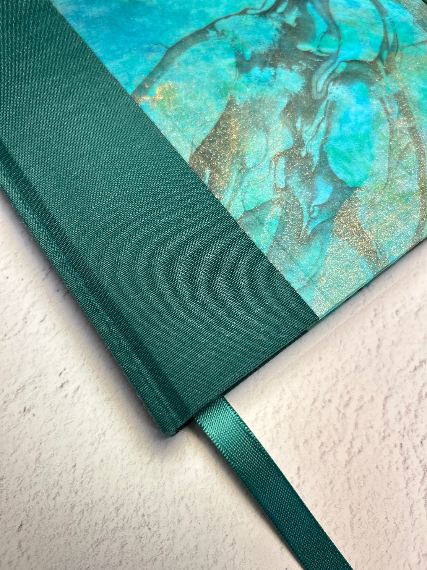 A5 Hardcover Notebook finished in Mohair Green Japanese Bookcloth and Hand Marbled Thai Momi Paper