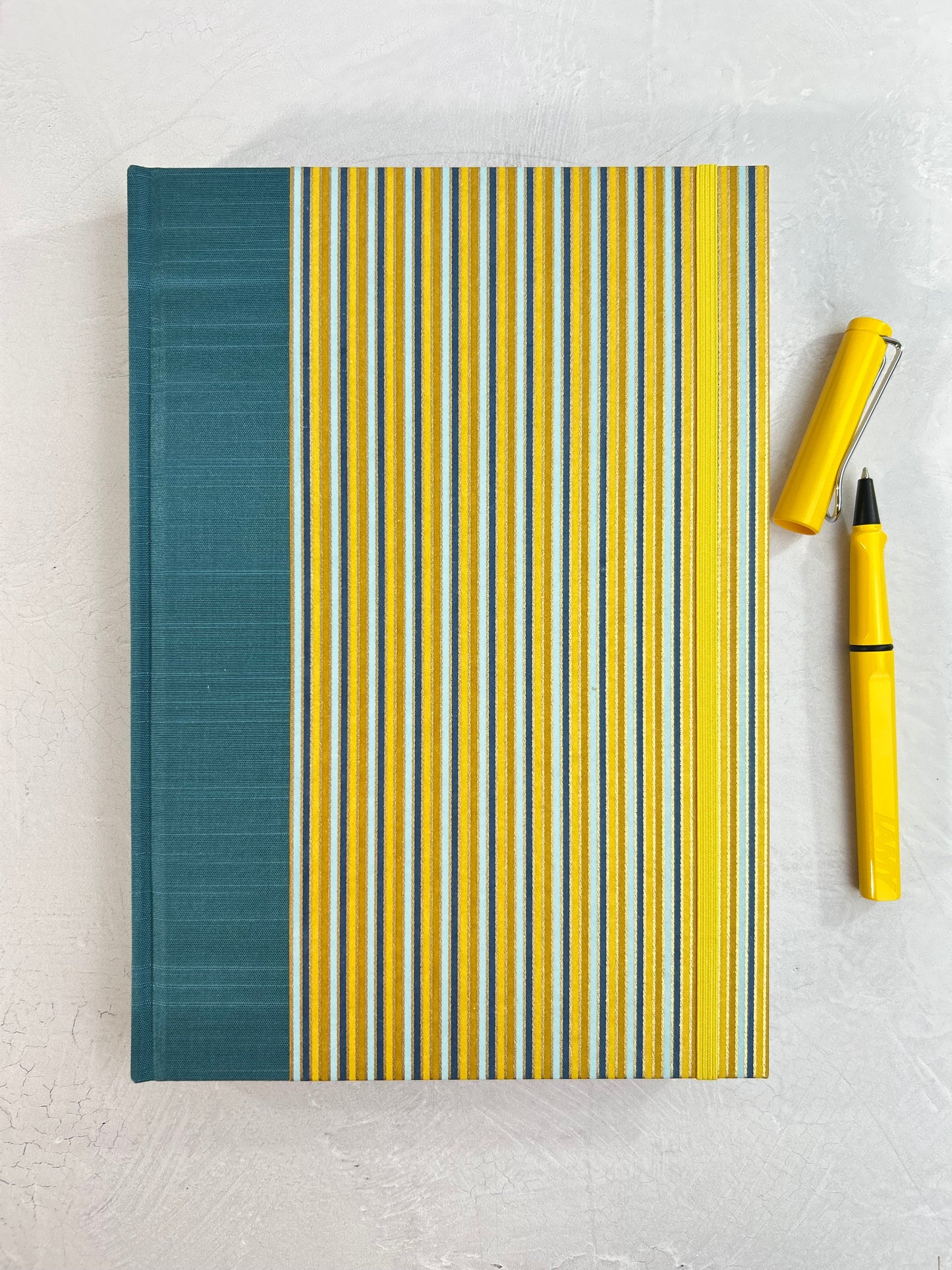 B5 192-page Hardcover Journal finished in Marine Blue Japanese book cloth and pinstripe Chiyogami Paper