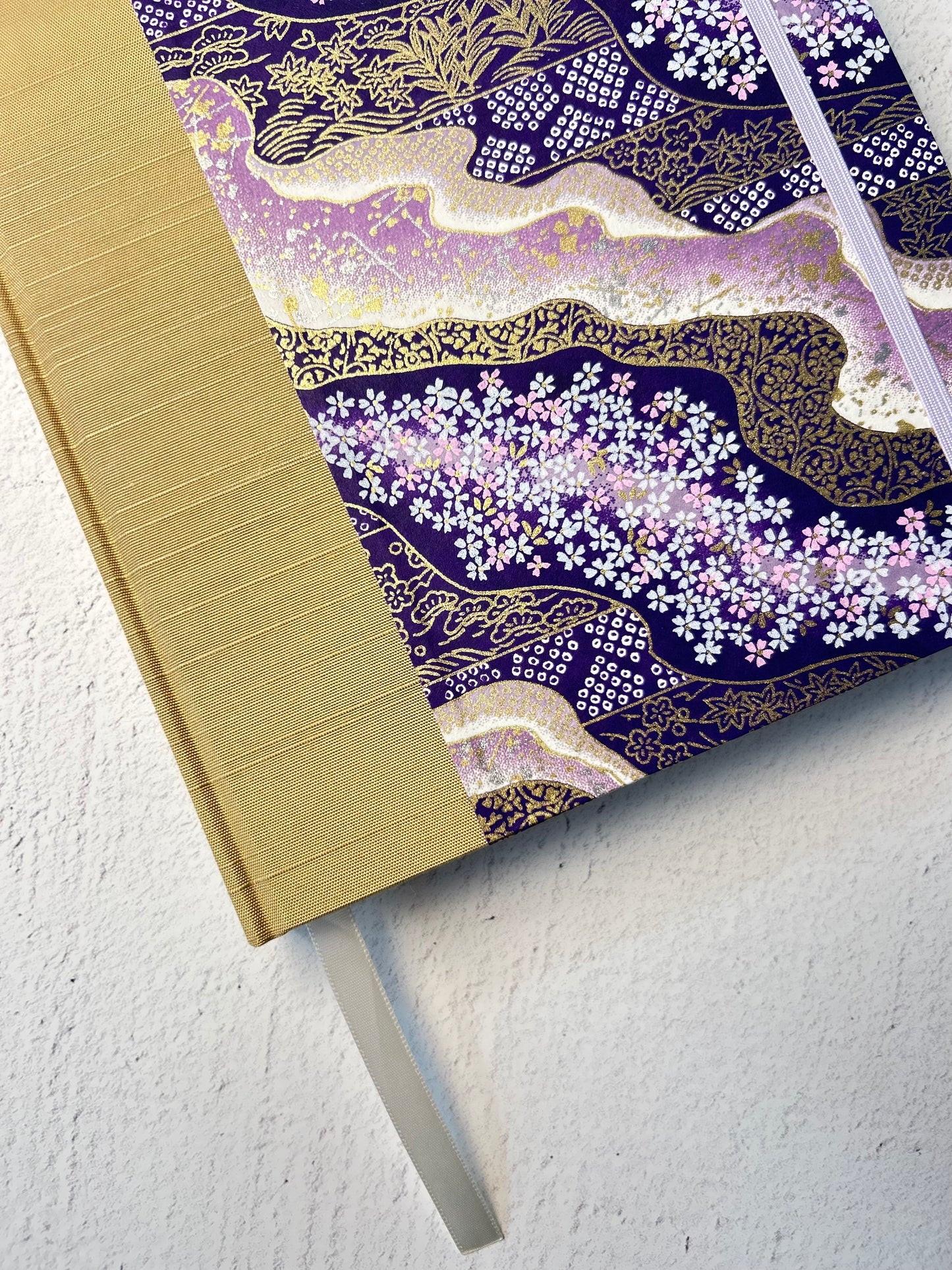 A5 Hardcover Notebook finished in Soft Gold Japanese book cloth and Imperial Purple and Gold Chiyogami