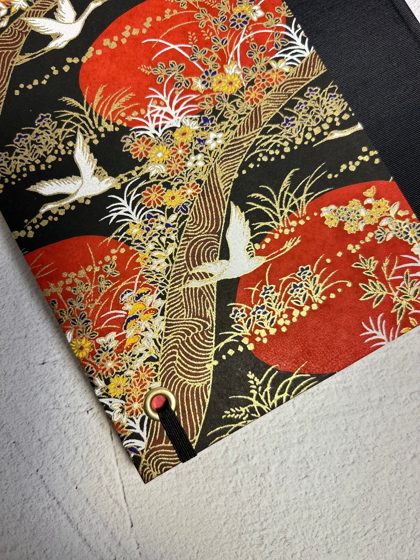 B5 Hardcover Notebook finished in Black Japanese Book cloth and Bronze and Gold Chiyogami Paper
